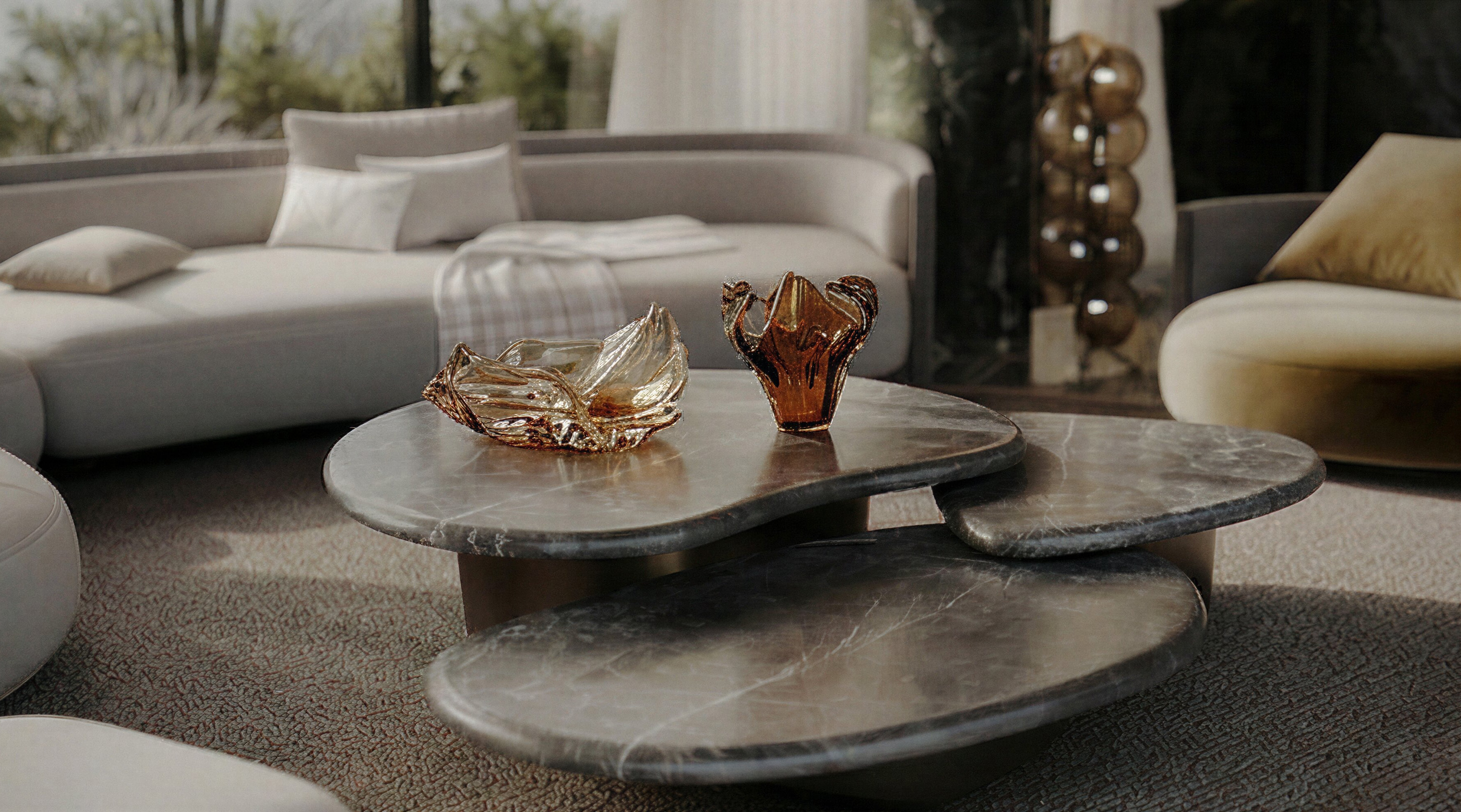 Curved sofa with stone coffee tables, Pool and Gym project — luxury interior design Dubai