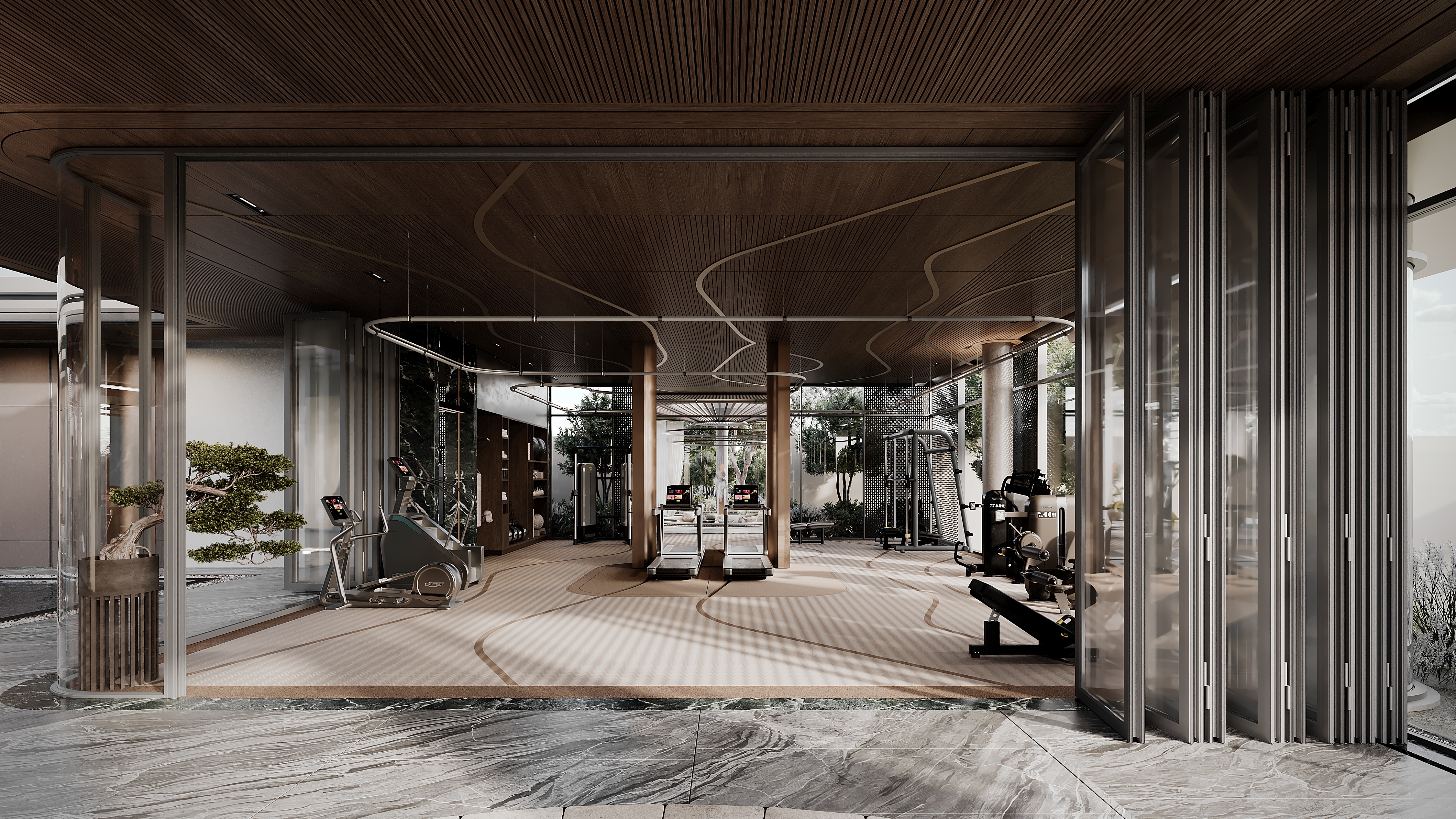 Home gym with curved ceiling and marble floor, Pool and Gym project — luxury interior design Dubai