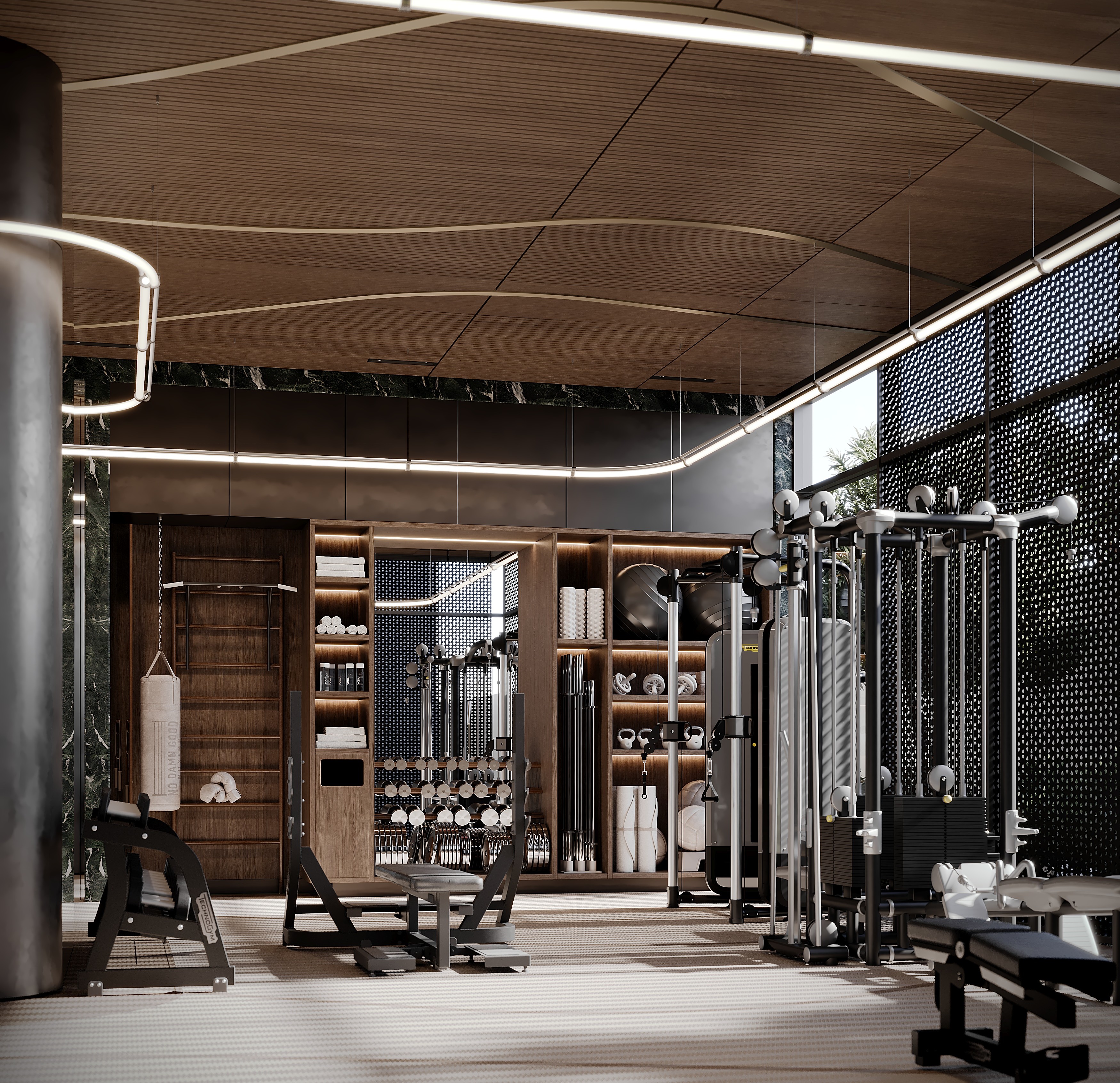 Gym with weights and boxing bag, Pool and Gym project — luxury interior design Dubai