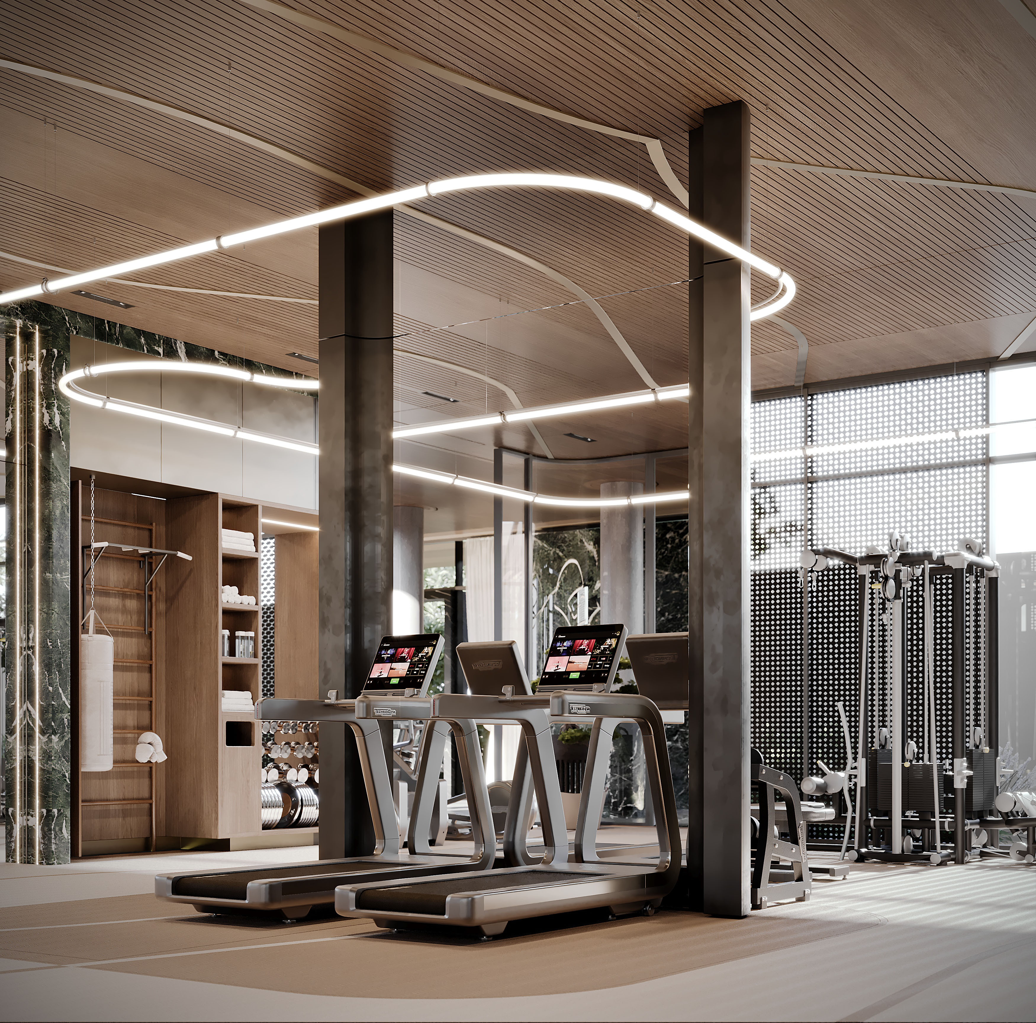 Gym with treadmills and green marble, Pool and Gym project — luxury interior design Dubai
