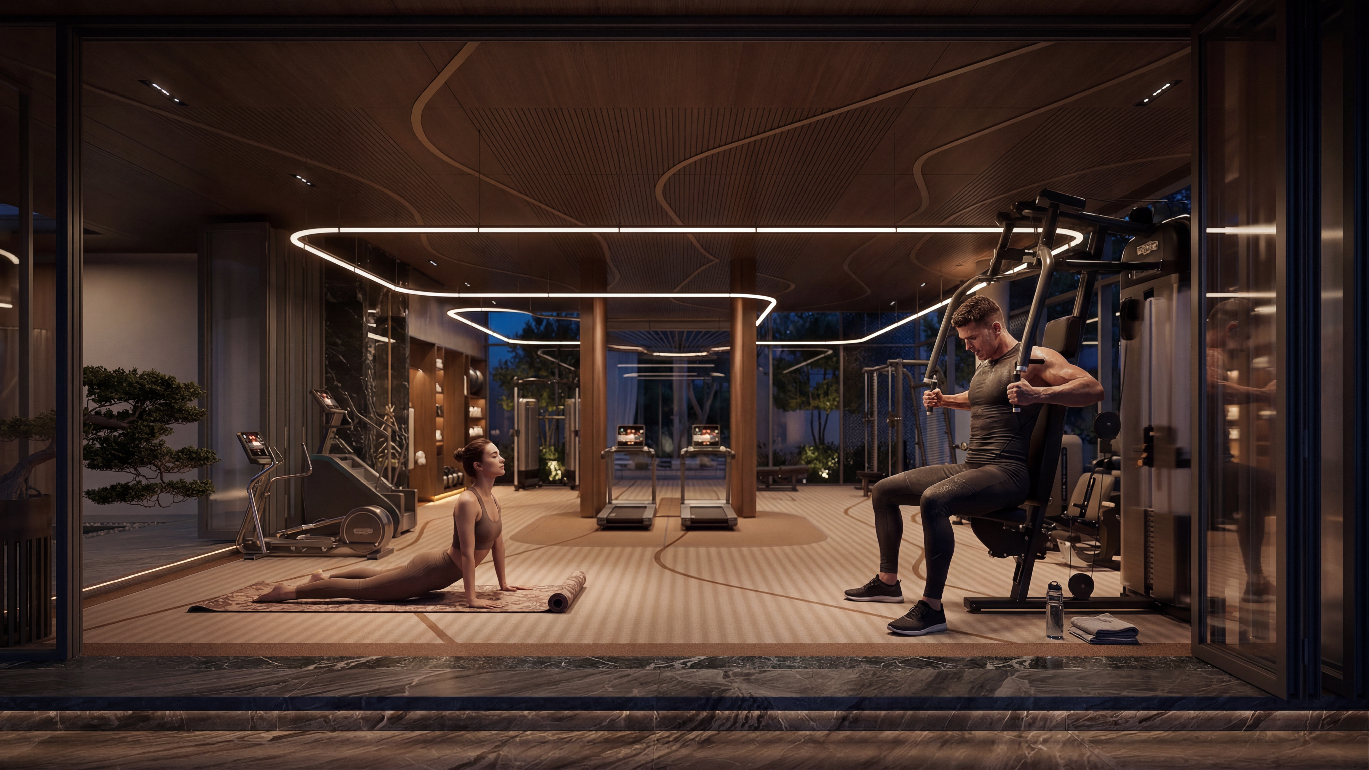 Home gym at night with ring lights, Pool and Gym project — luxury interior design Dubai