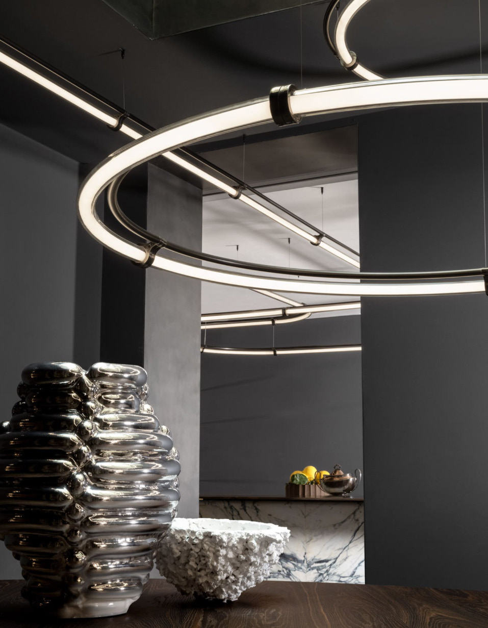 Ring pendant light over a sculpture, Pool and Gym project — luxury interior design Dubai