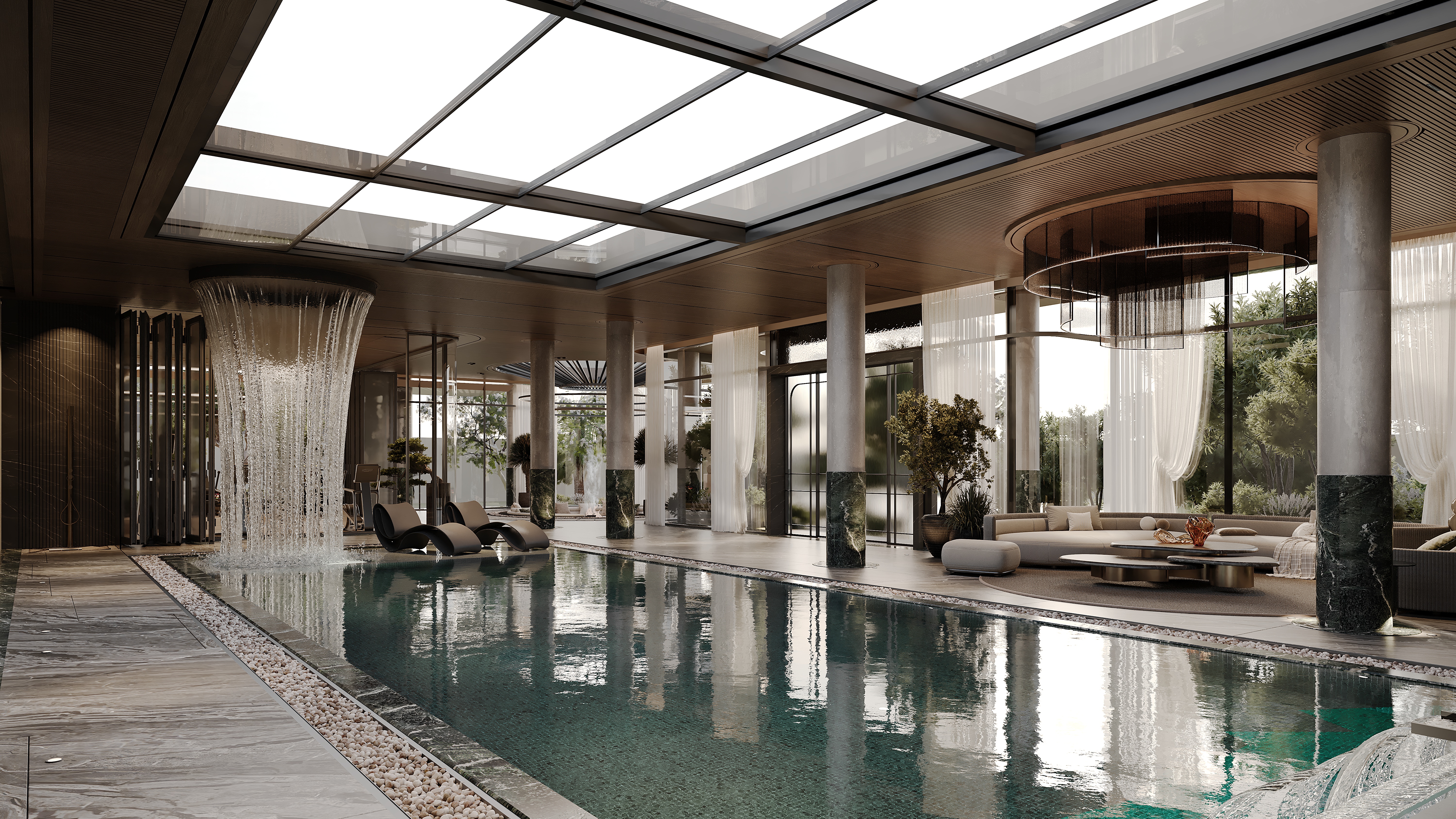 Indoor pool under a glass roof with rain feature, Pool and Gym project — luxury interior design Dubai