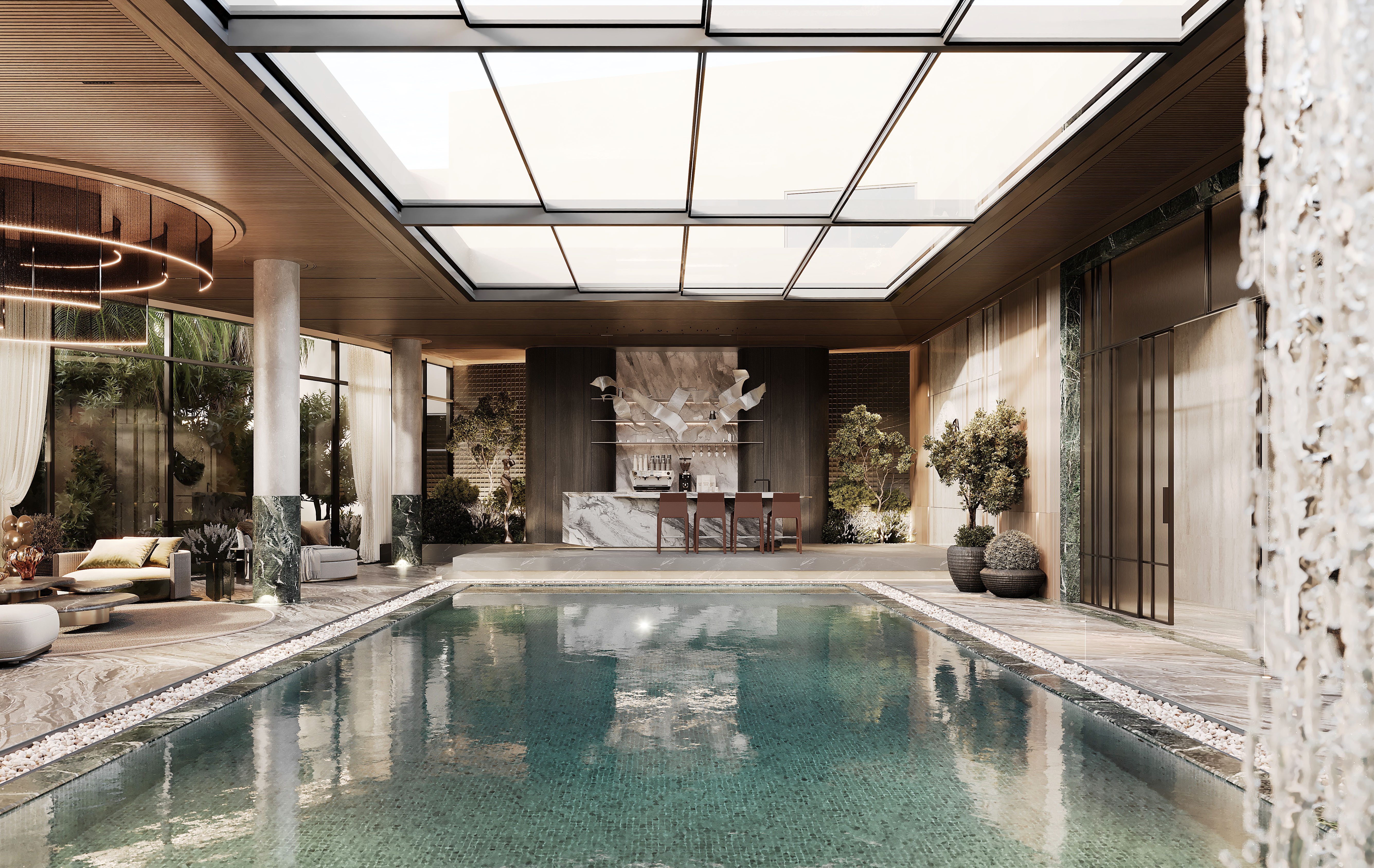 Indoor pool with lounge and bar, Pool and Gym project — luxury interior design Dubai