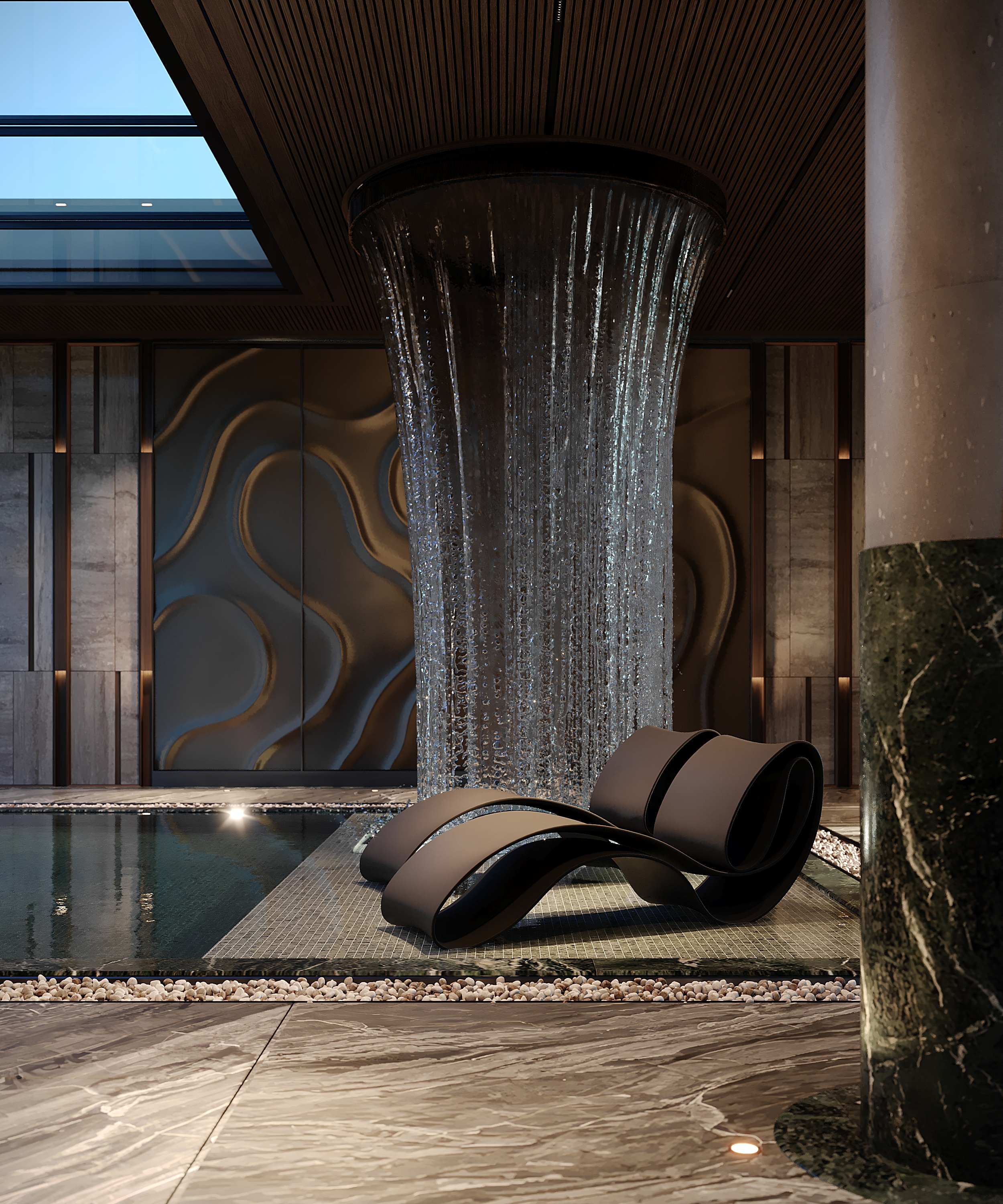 Rain shower feature by the pool, Pool and Gym project — luxury interior design Dubai