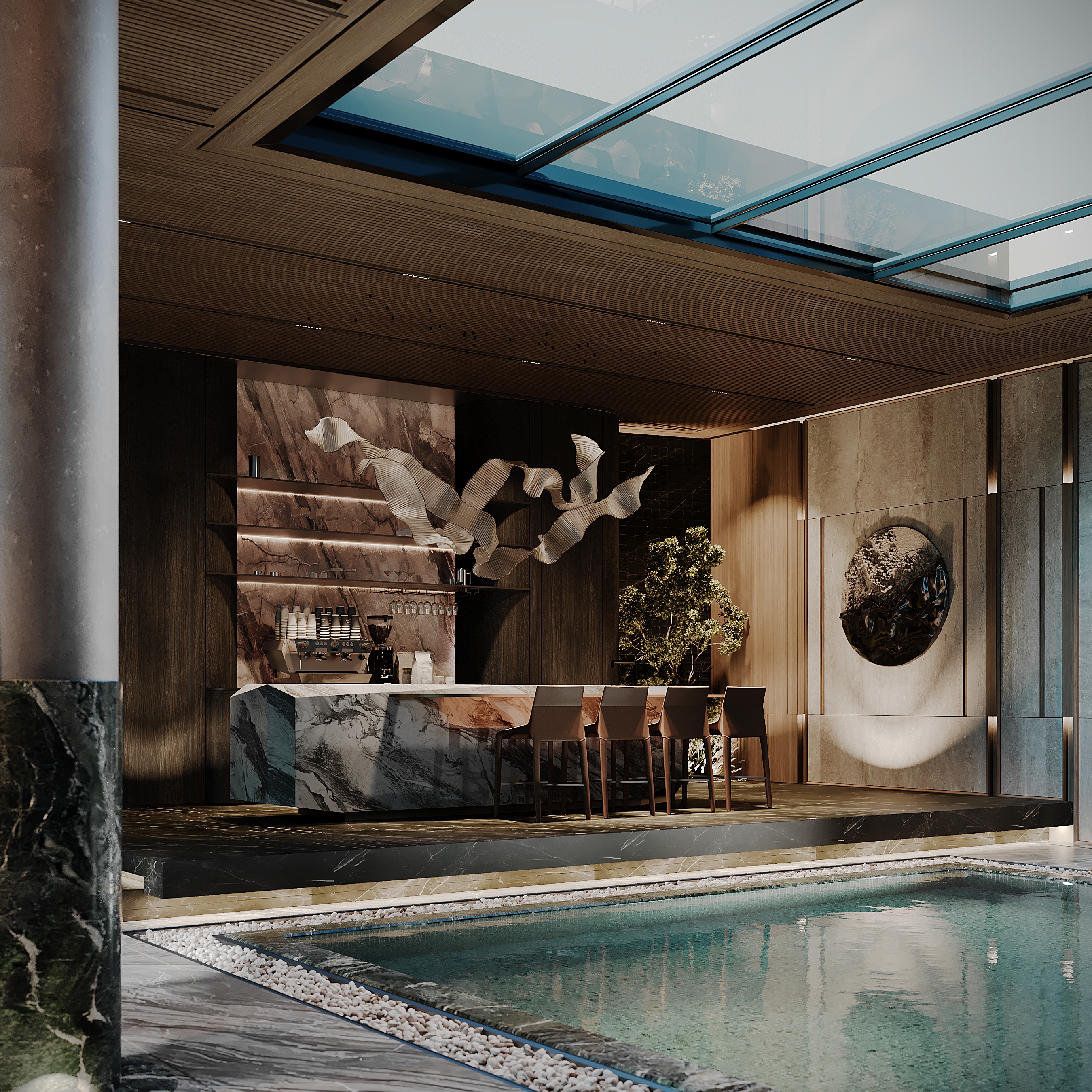 Poolside bar with marble counter, Pool and Gym project — luxury interior design Dubai