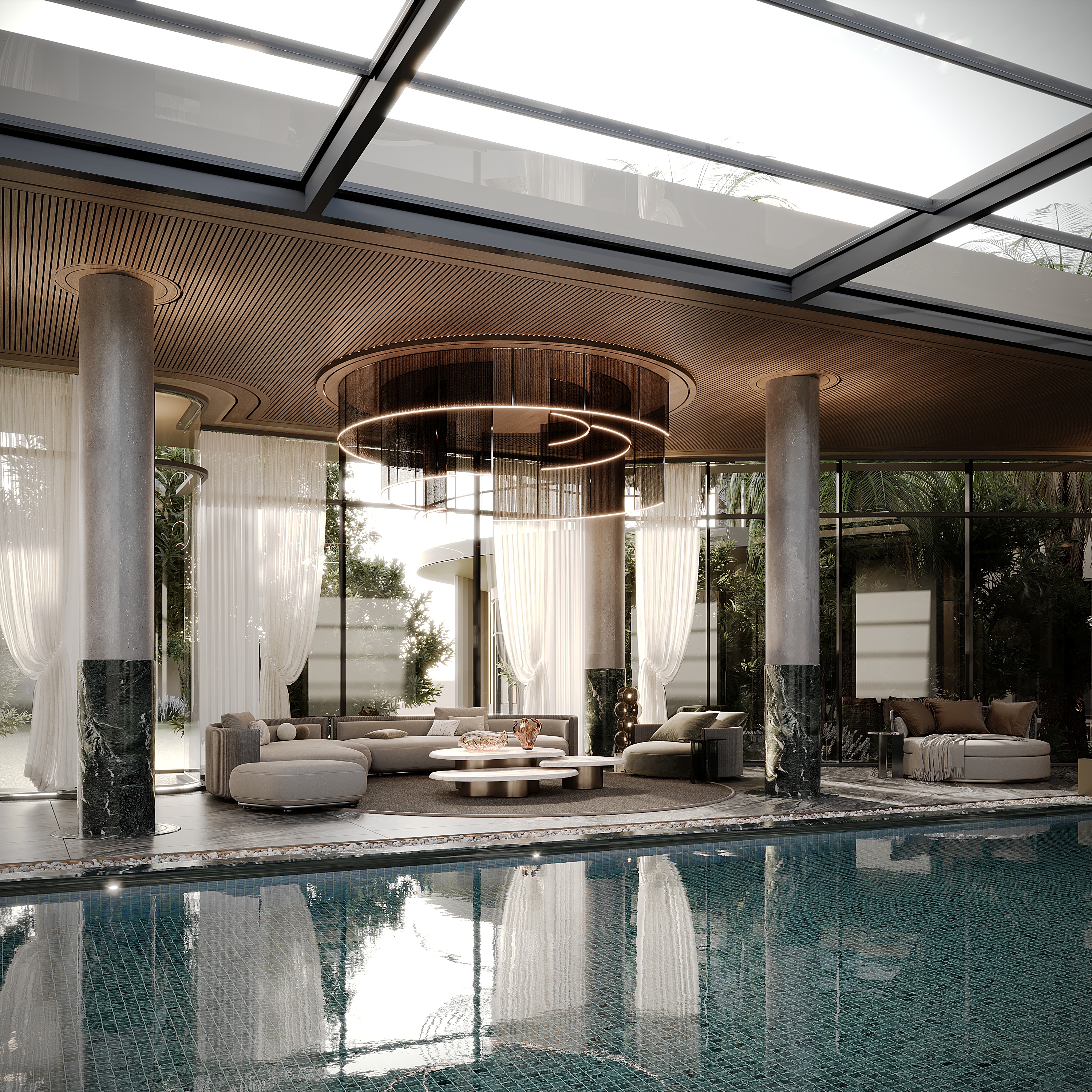 Indoor pool with lounge under a glass roof — luxury interior design Dubai