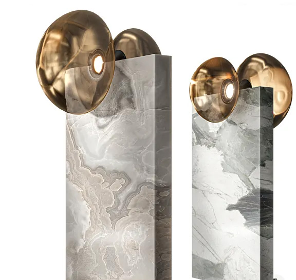 Marble pedestal lamps with bronze discs, Pool and Gym project — luxury interior design Dubai