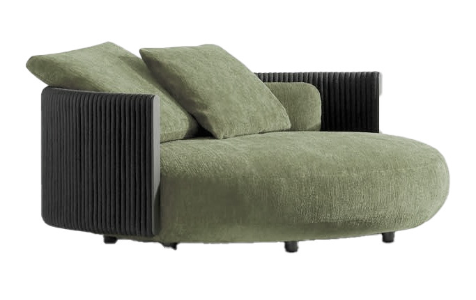 Green bouclé daybed, Pool and Gym project — luxury interior design Dubai