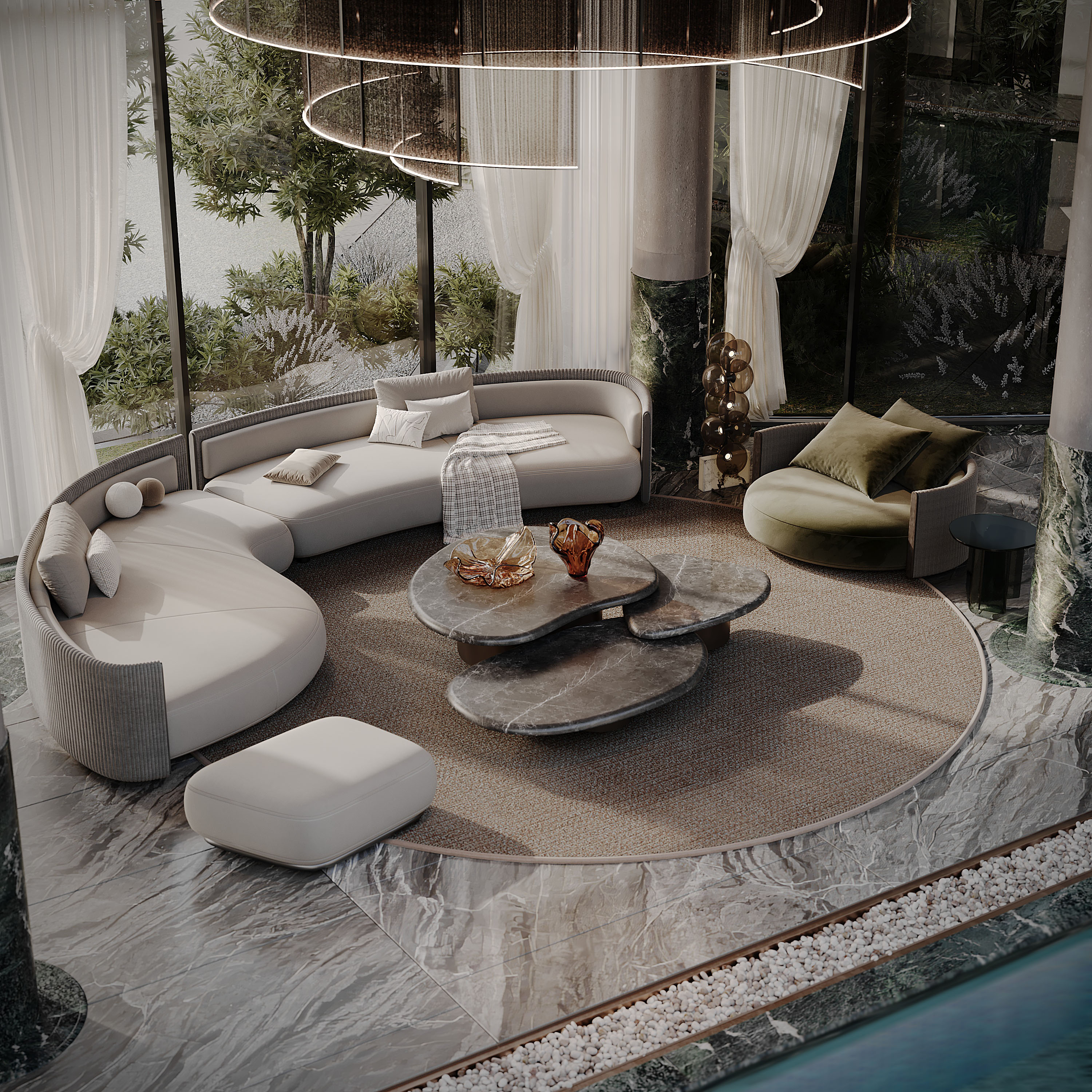 Curved sofa on a marble terrace, Pool and Gym project — villa exterior design Dubai