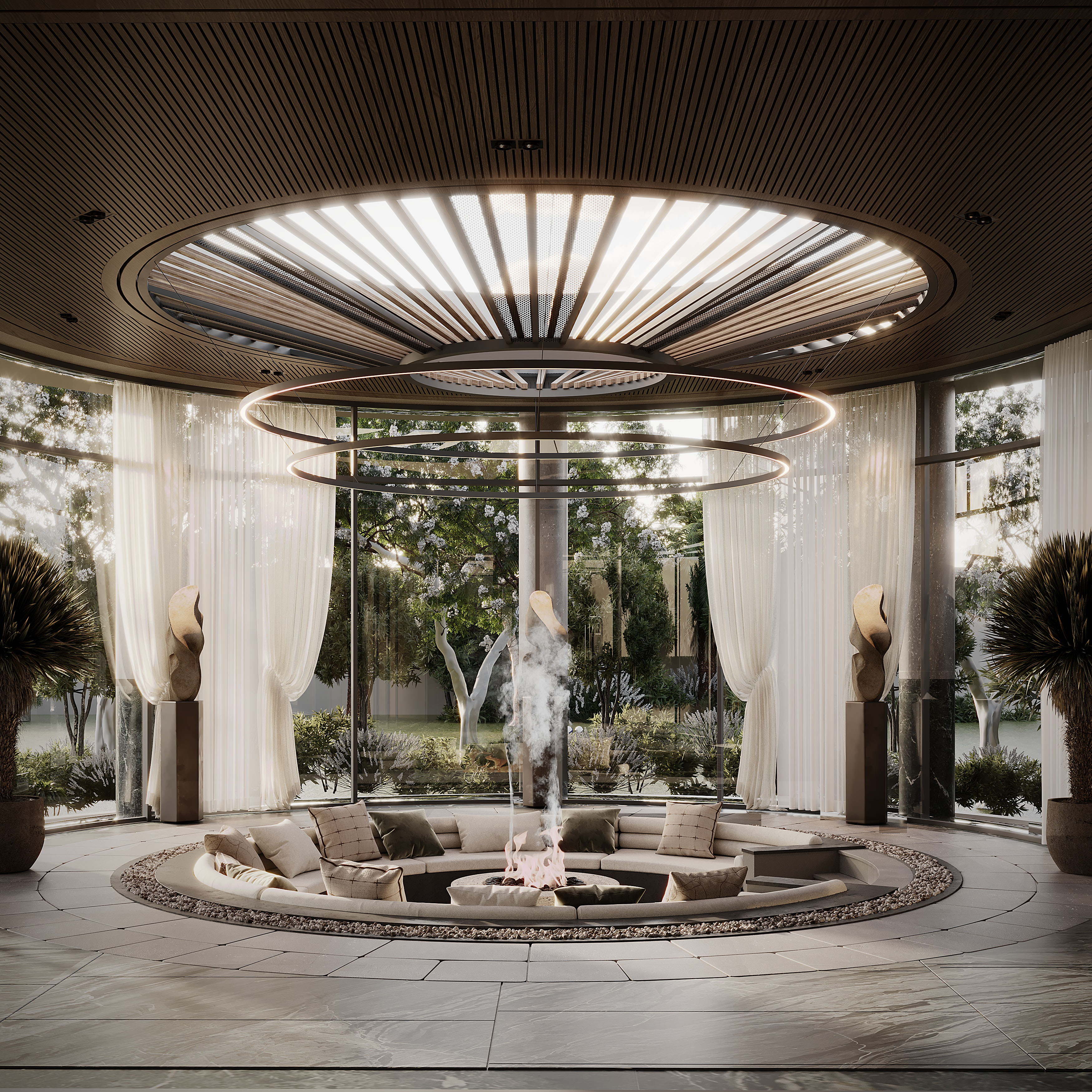Sunken seating with fire pit under a pergola, Pool and Gym project — villa exterior design Dubai