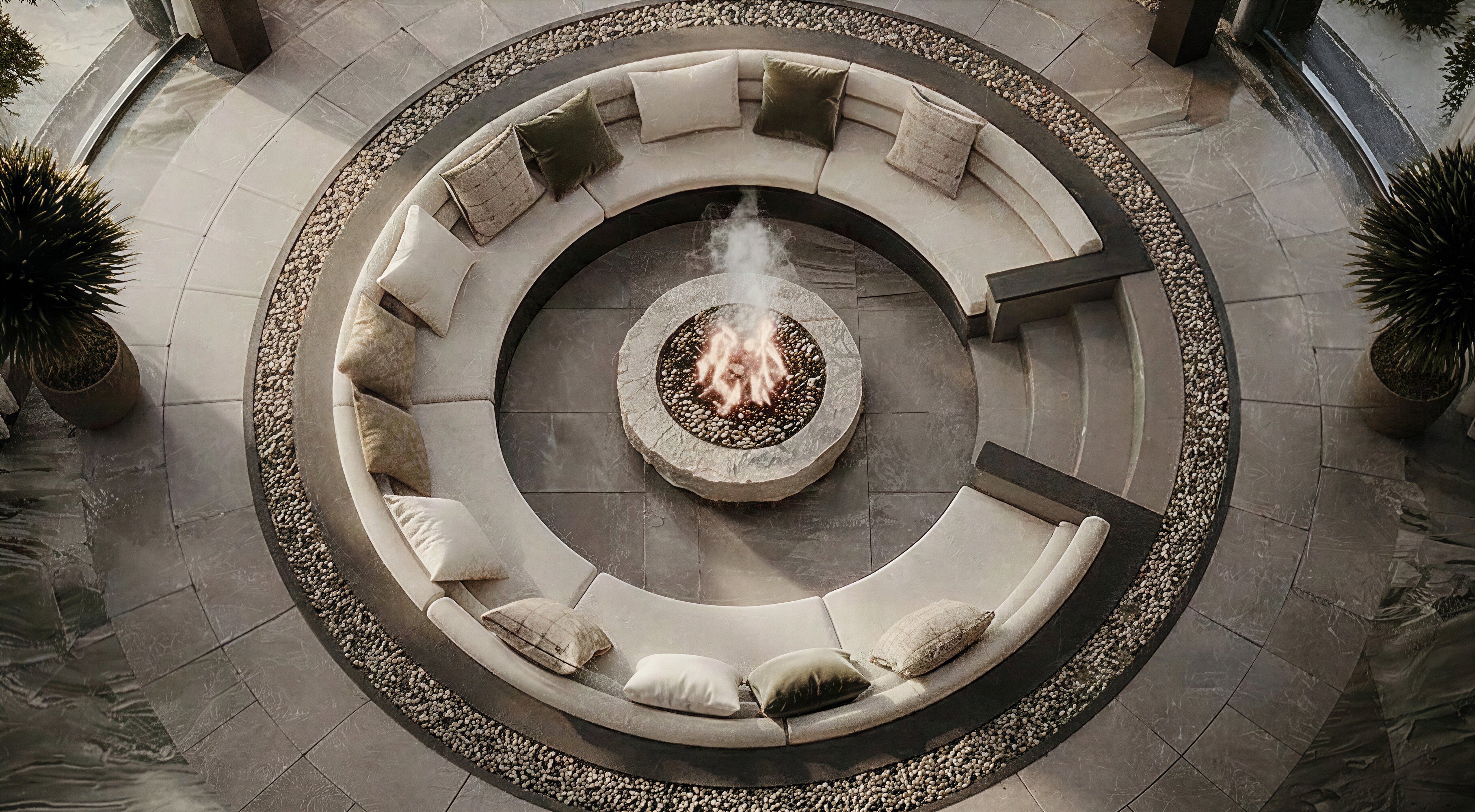 Round sunken seating with fire pit, top view, Pool and Gym project — villa exterior design Dubai
