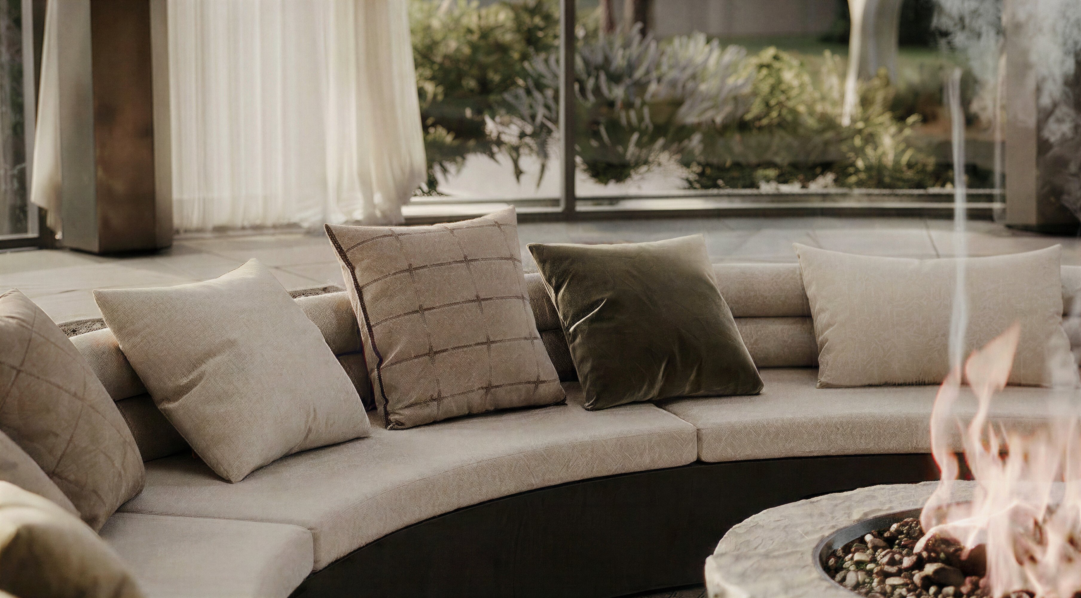 Sunken seating with cushions, Pool and Gym project — villa exterior design Dubai