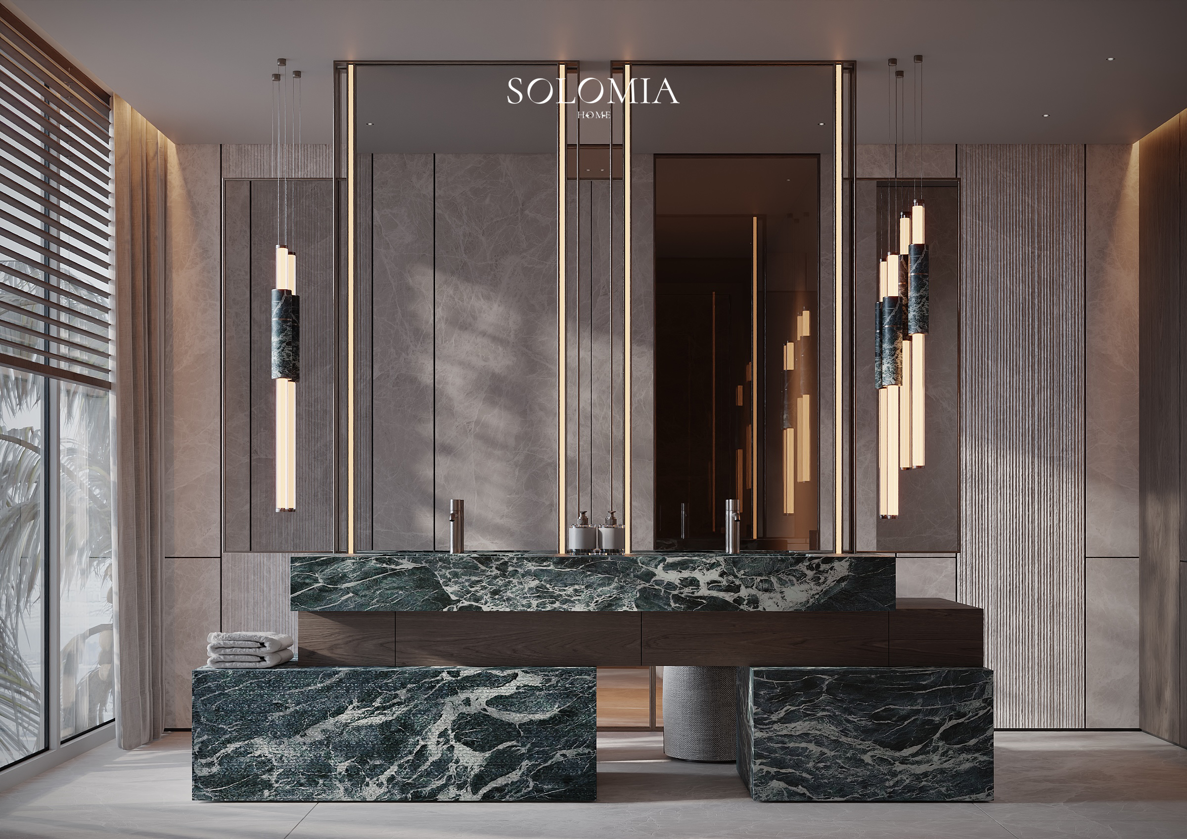 Washroom with green marble vanity, Pool and Gym project — luxury interior design Dubai