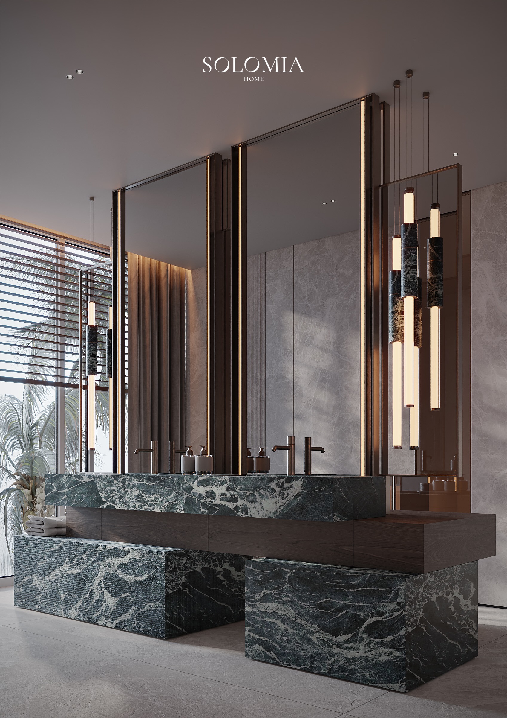 Green marble vanity with pendant lights, Pool and Gym project — luxury interior design Dubai