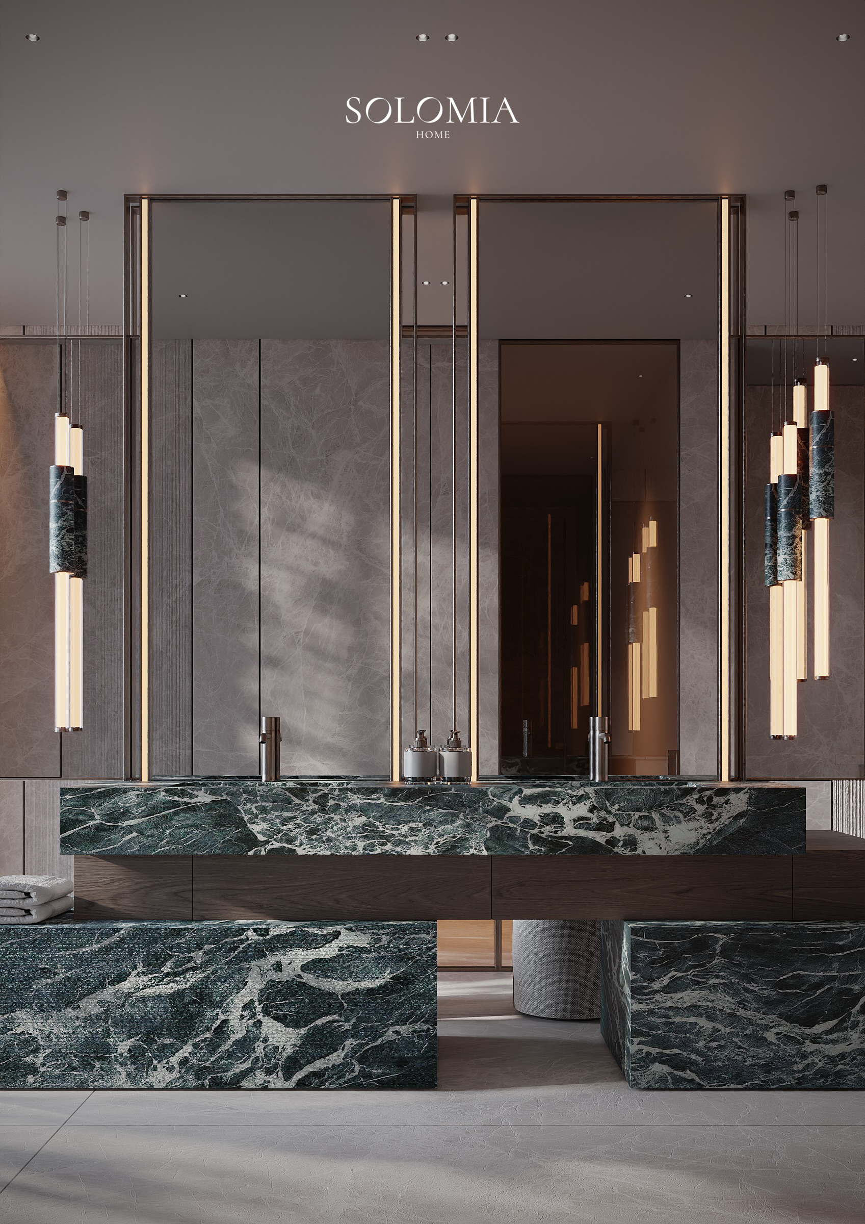 Washroom with green marble and poufs, Pool and Gym project — luxury interior design Dubai