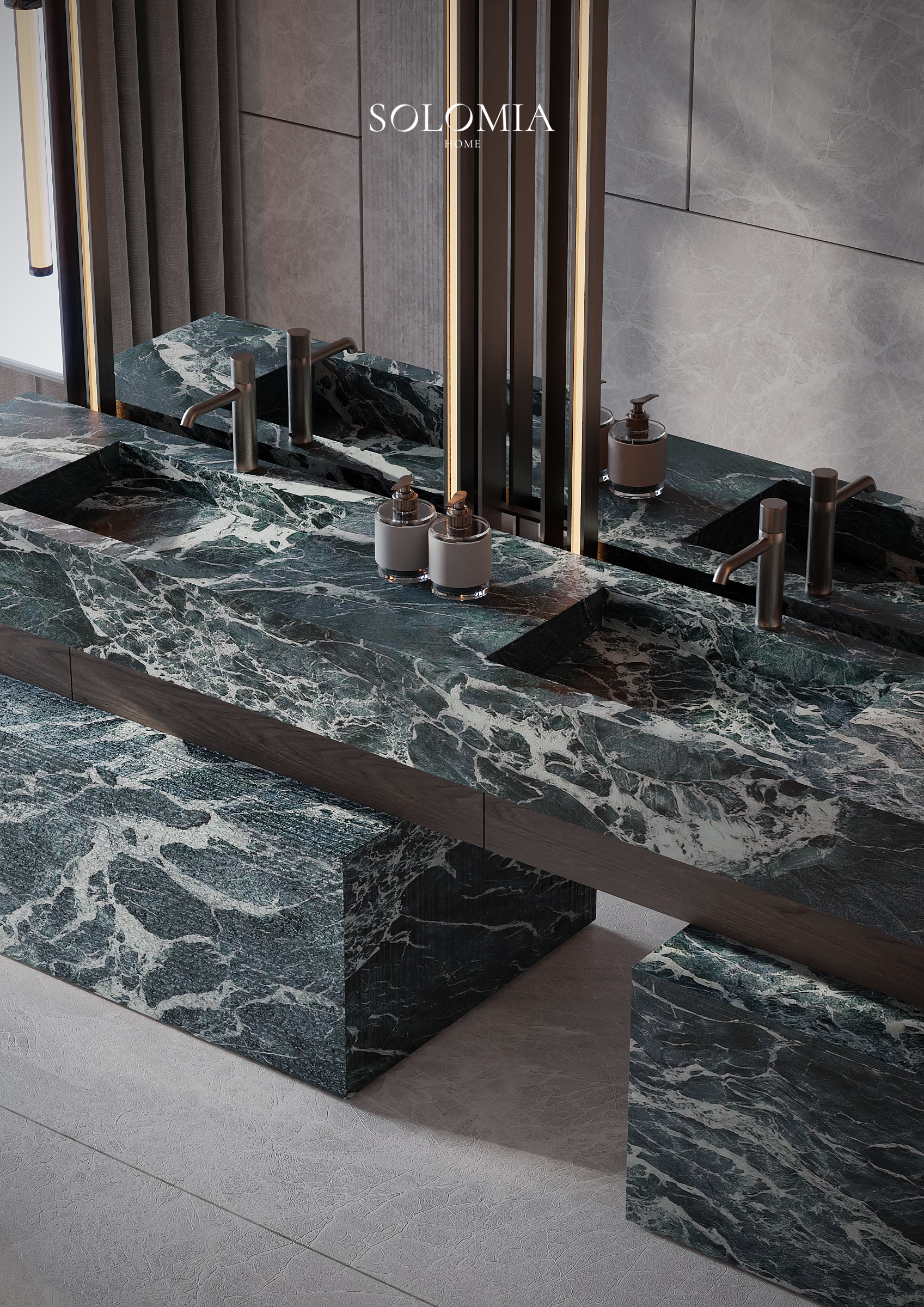 Green marble washbasin with brass taps, Pool and Gym project — luxury interior design Dubai