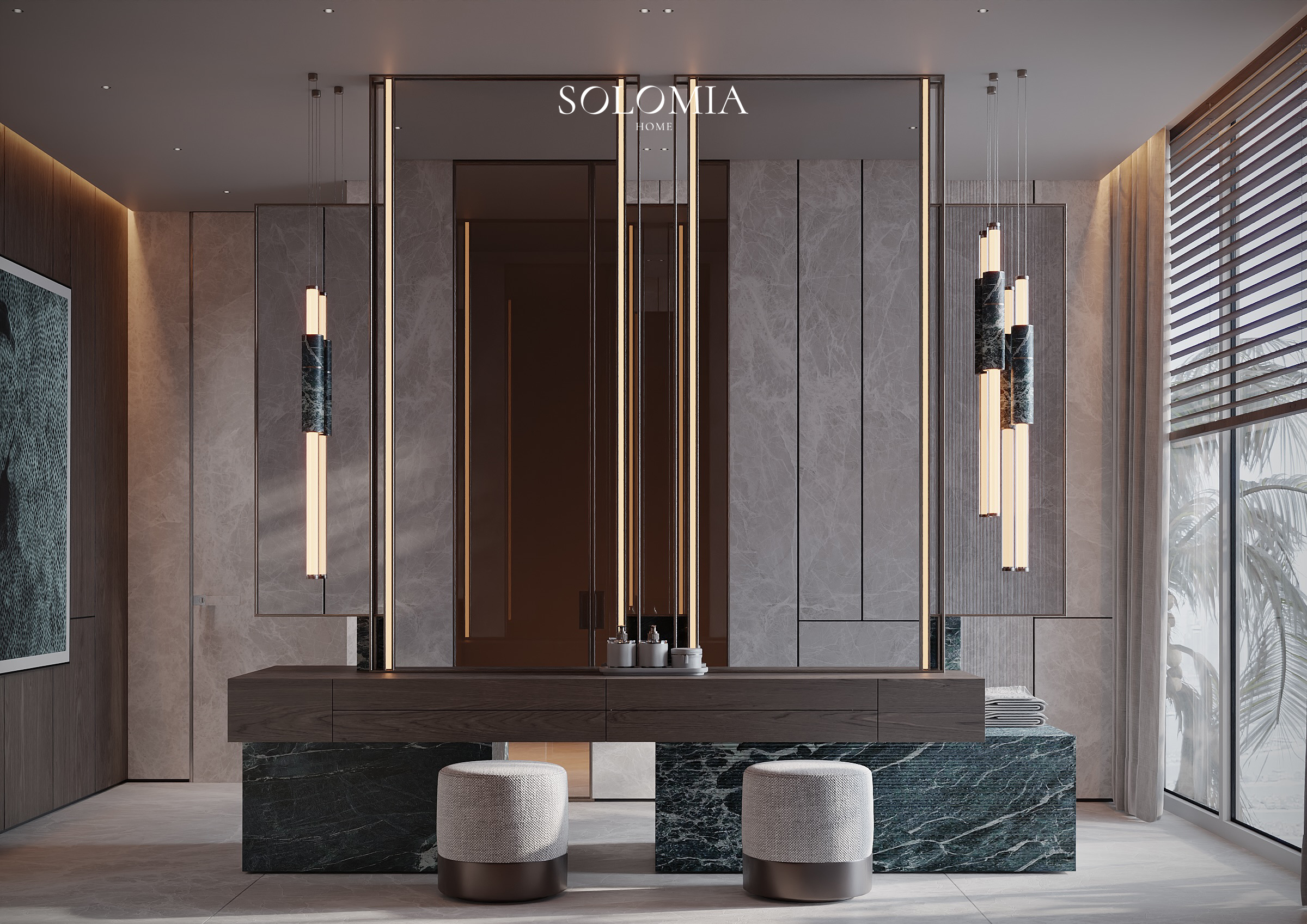 Washroom with tall mirrors, Pool and Gym project — luxury interior design Dubai