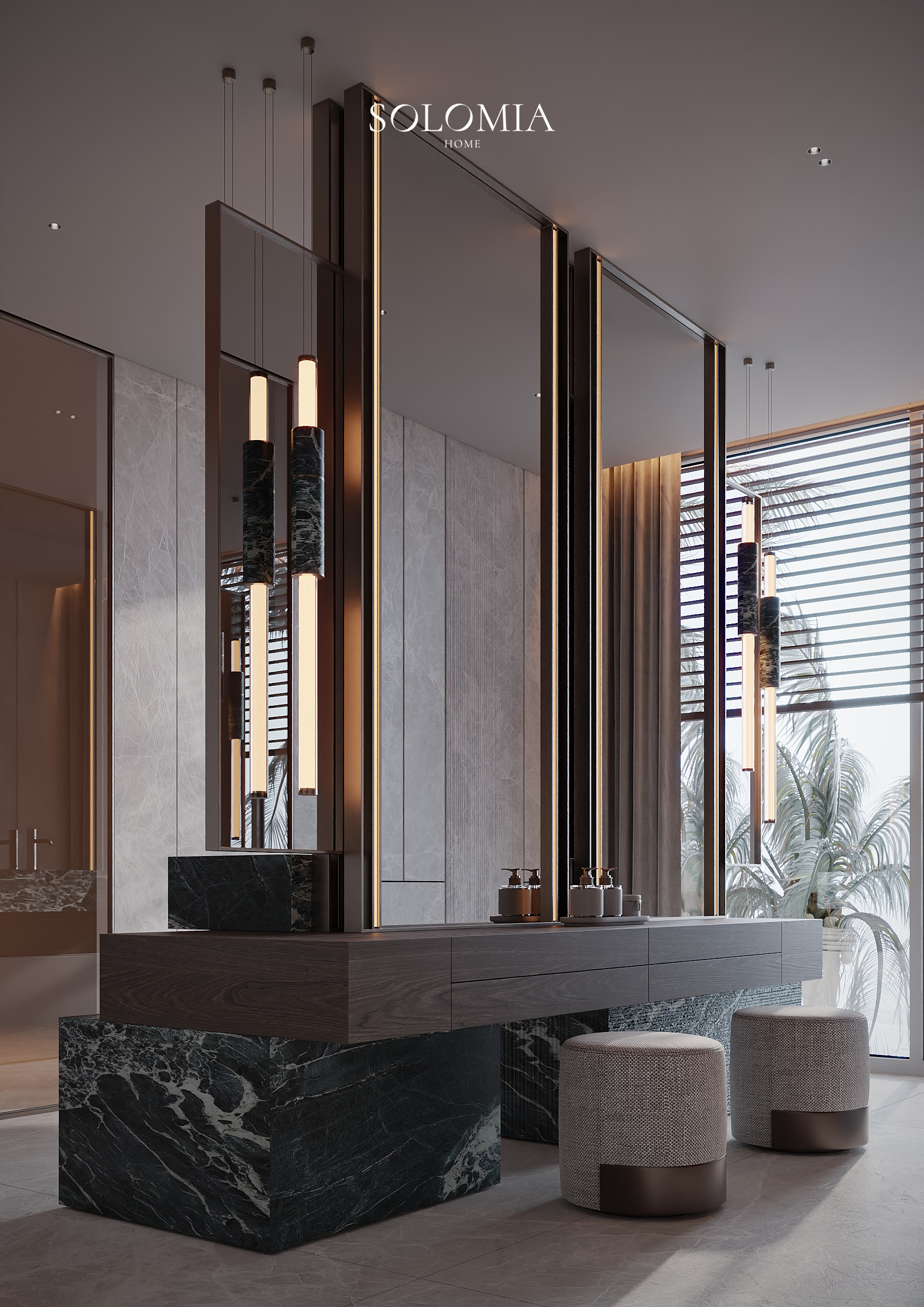 Green marble vanity with garden view, Pool and Gym project — luxury interior design Dubai