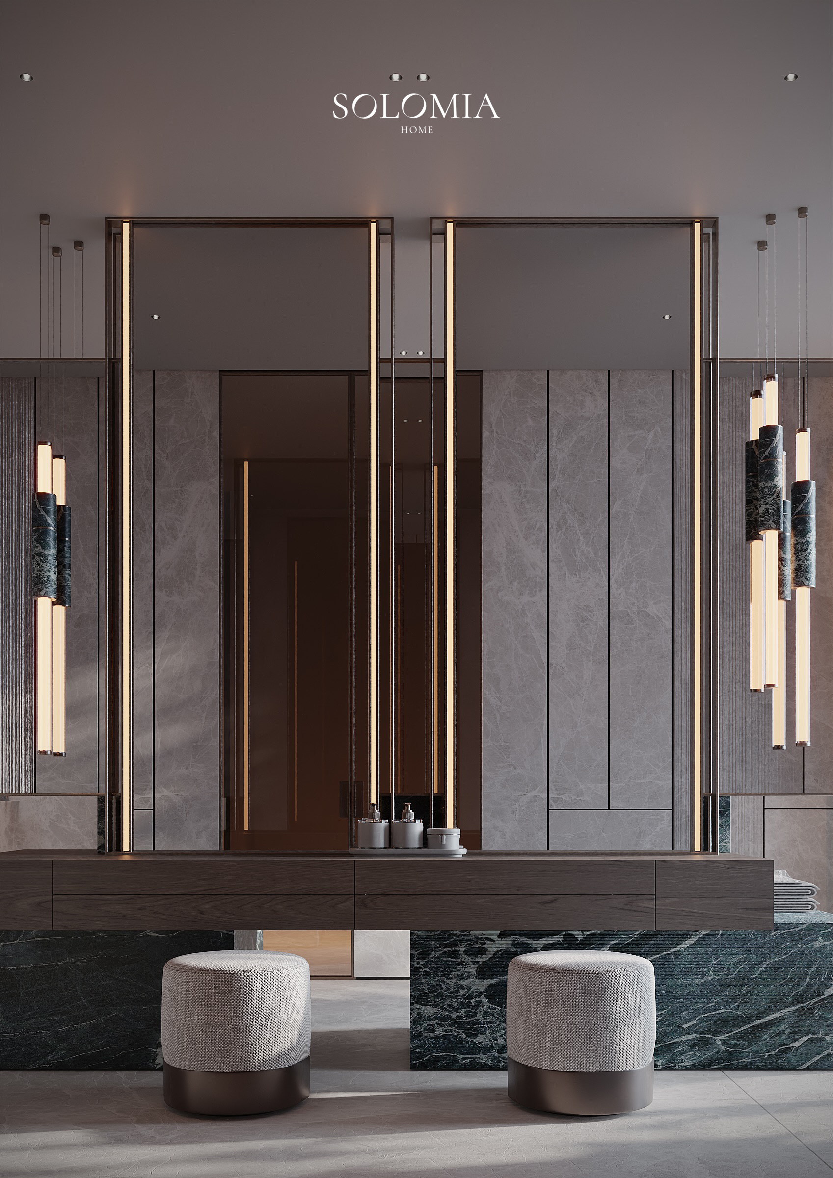 Washroom with vertical lights, Pool and Gym project — luxury interior design Dubai