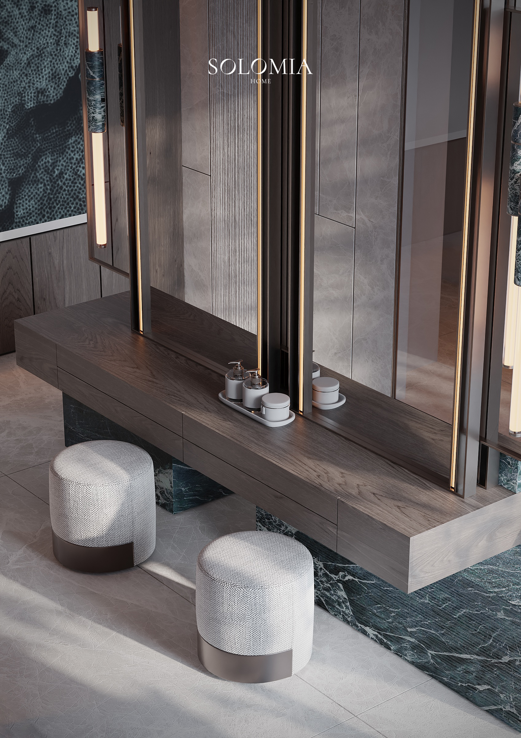 Vanity with poufs and tea set, Pool and Gym project — luxury interior design Dubai