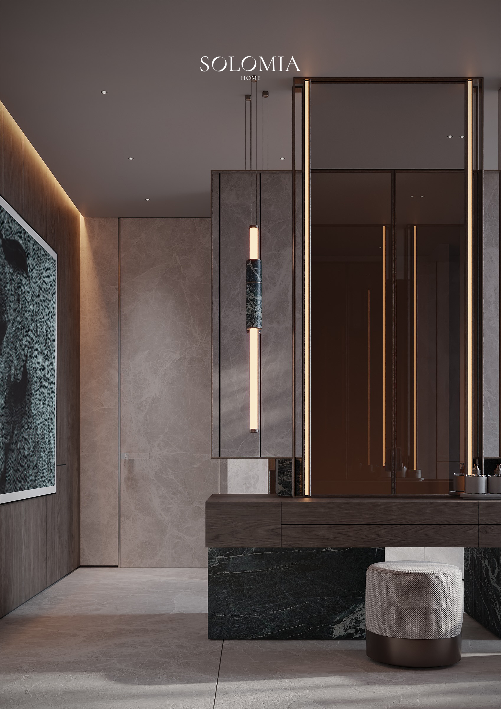 Washroom with marble vanity and artwork, Pool and Gym project — luxury interior design Dubai