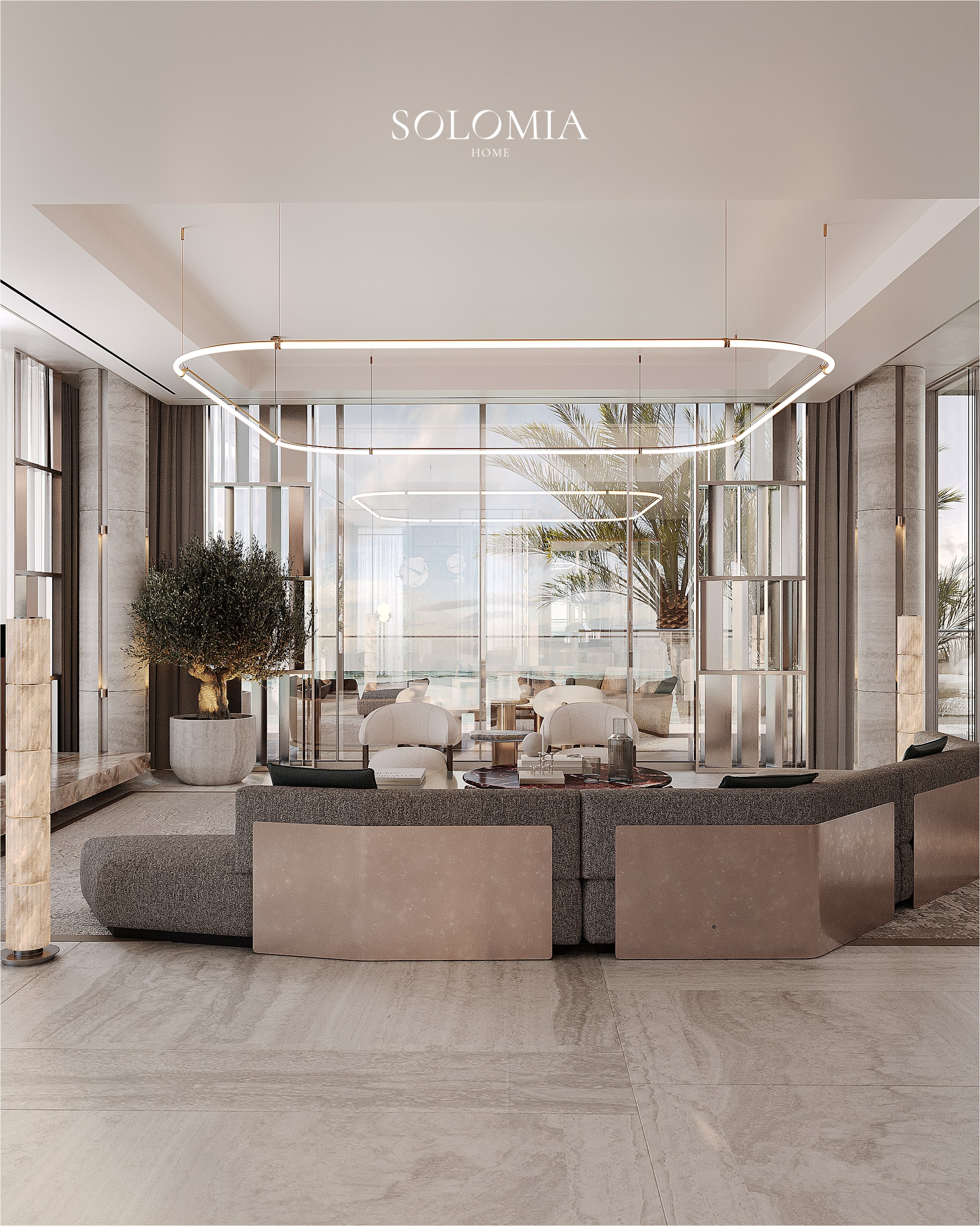 Living room with sea view and oval light, Bvlgari Villa — luxury interior design Dubai