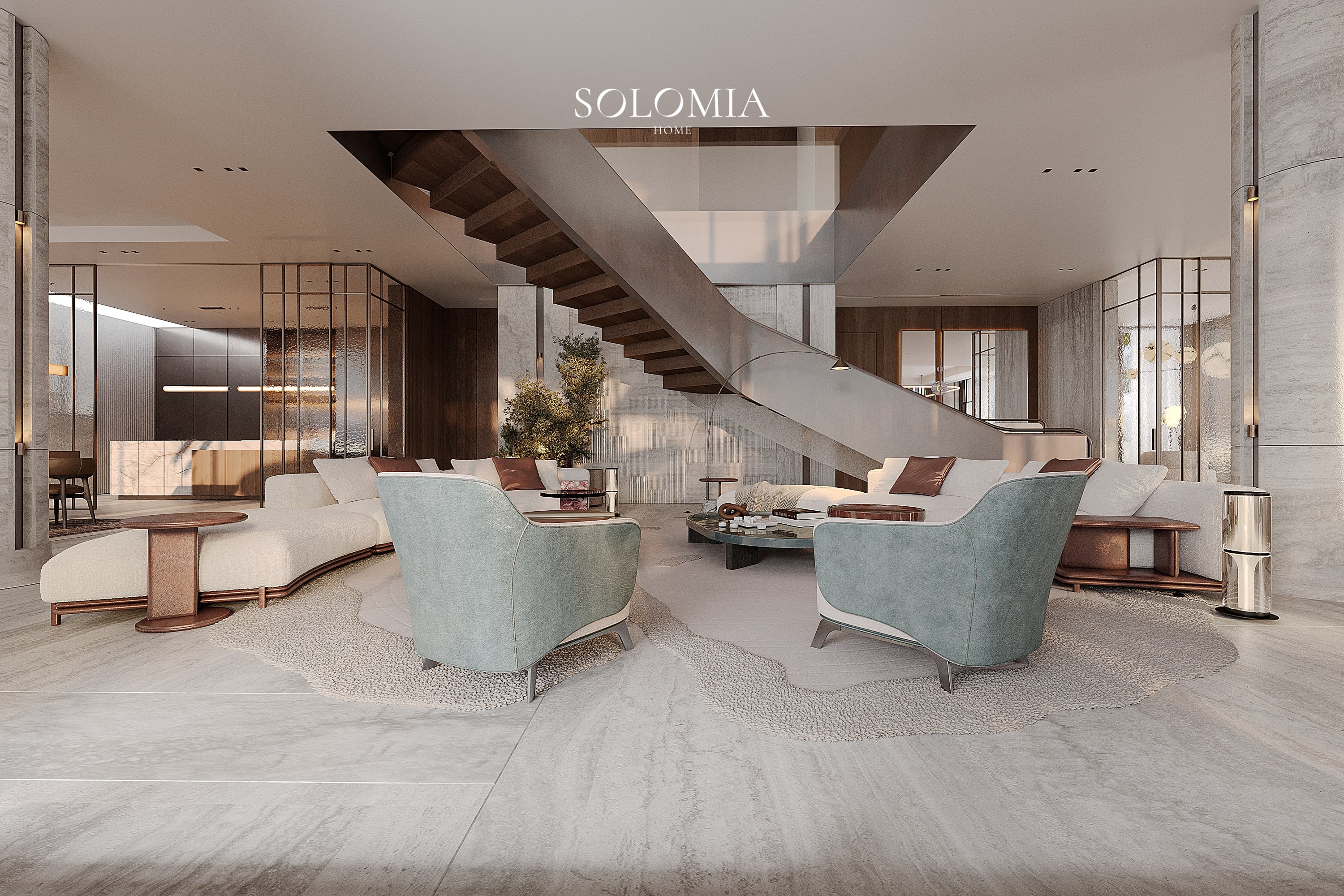 Living room with staircase and teal armchairs, Bvlgari Villa — luxury interior design Dubai