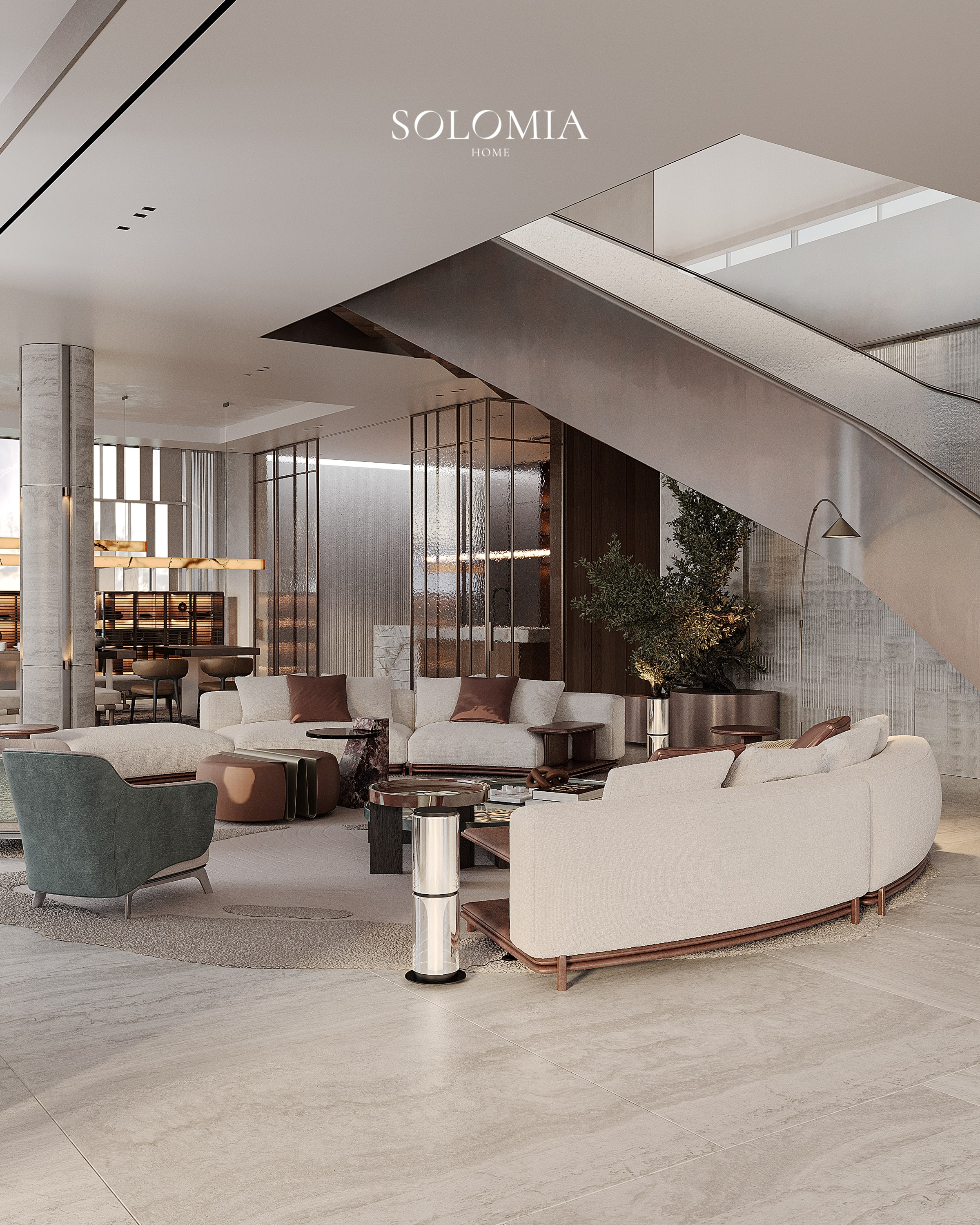 Living room with curved sofa under the staircase, Bvlgari Villa — luxury interior design Dubai