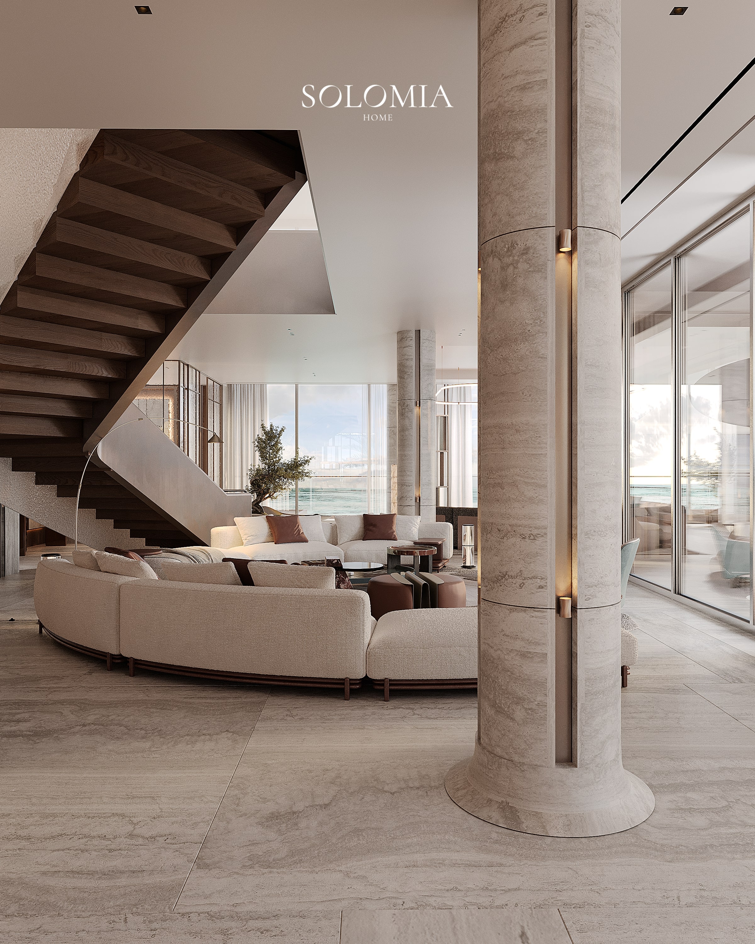 Staircase with round column, Bvlgari Villa — luxury interior design Dubai