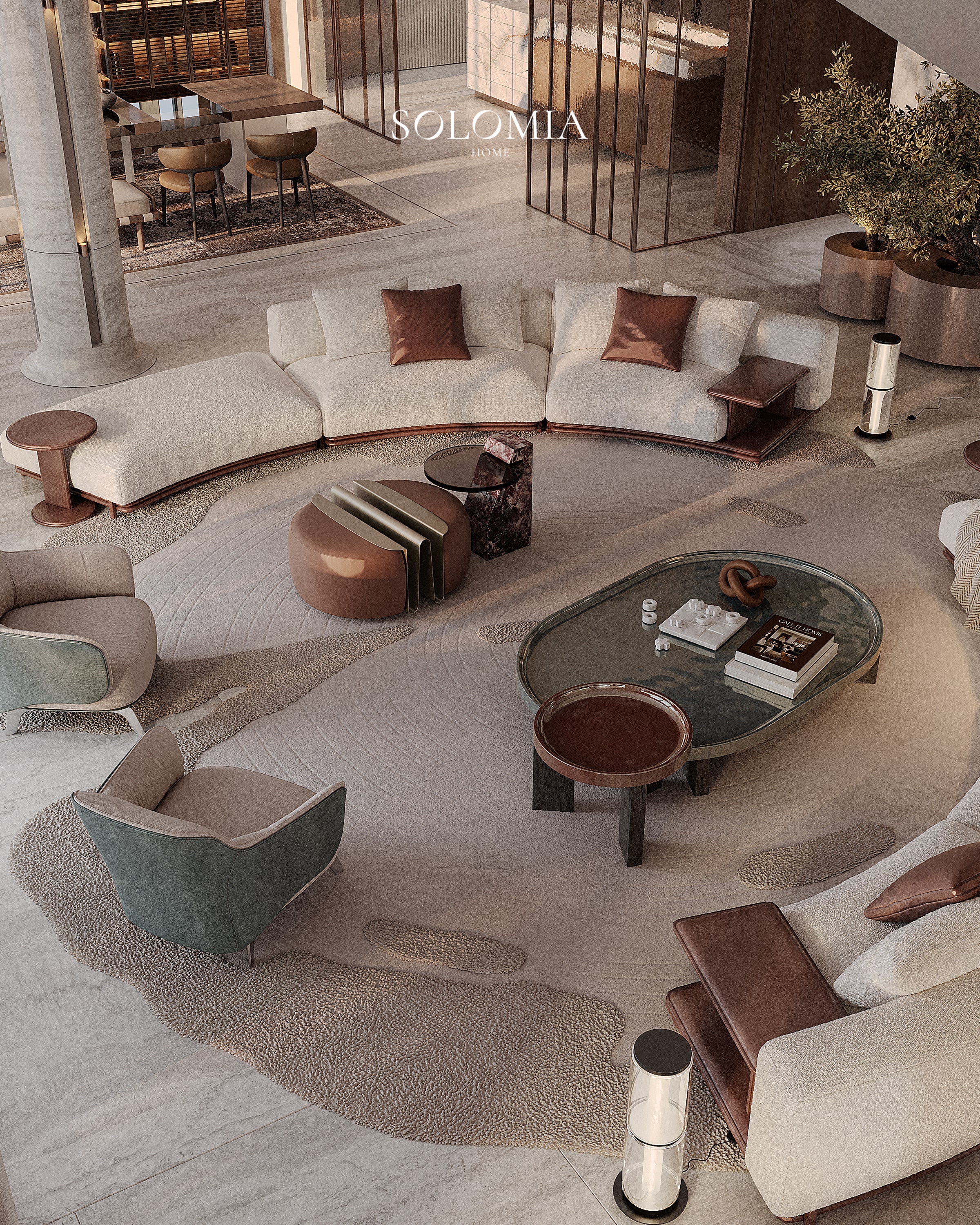Sunken lounge with curved sofas, top view, Bvlgari Villa — luxury interior design Dubai
