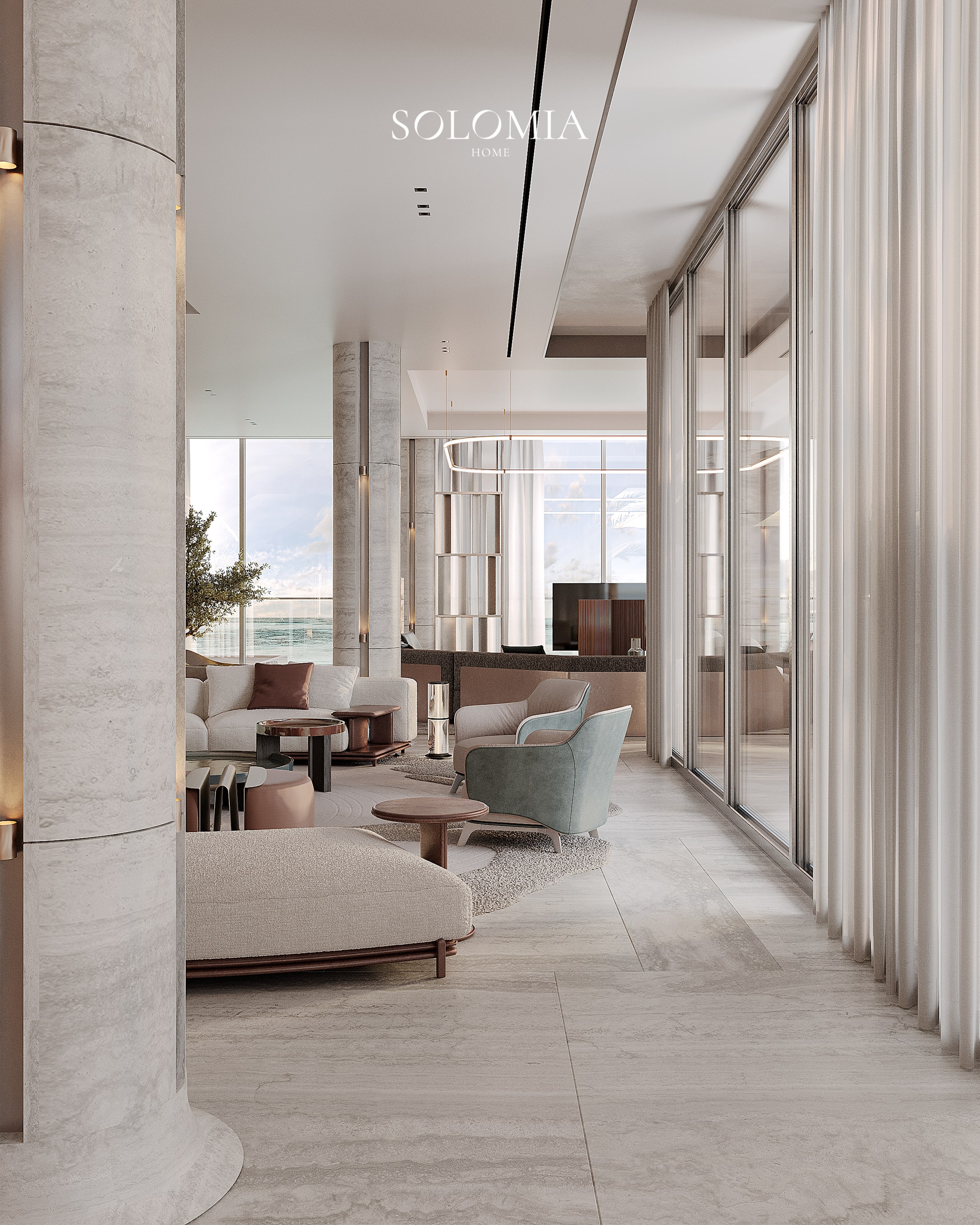 Living room with glass partitions, Bvlgari Villa — luxury interior design Dubai