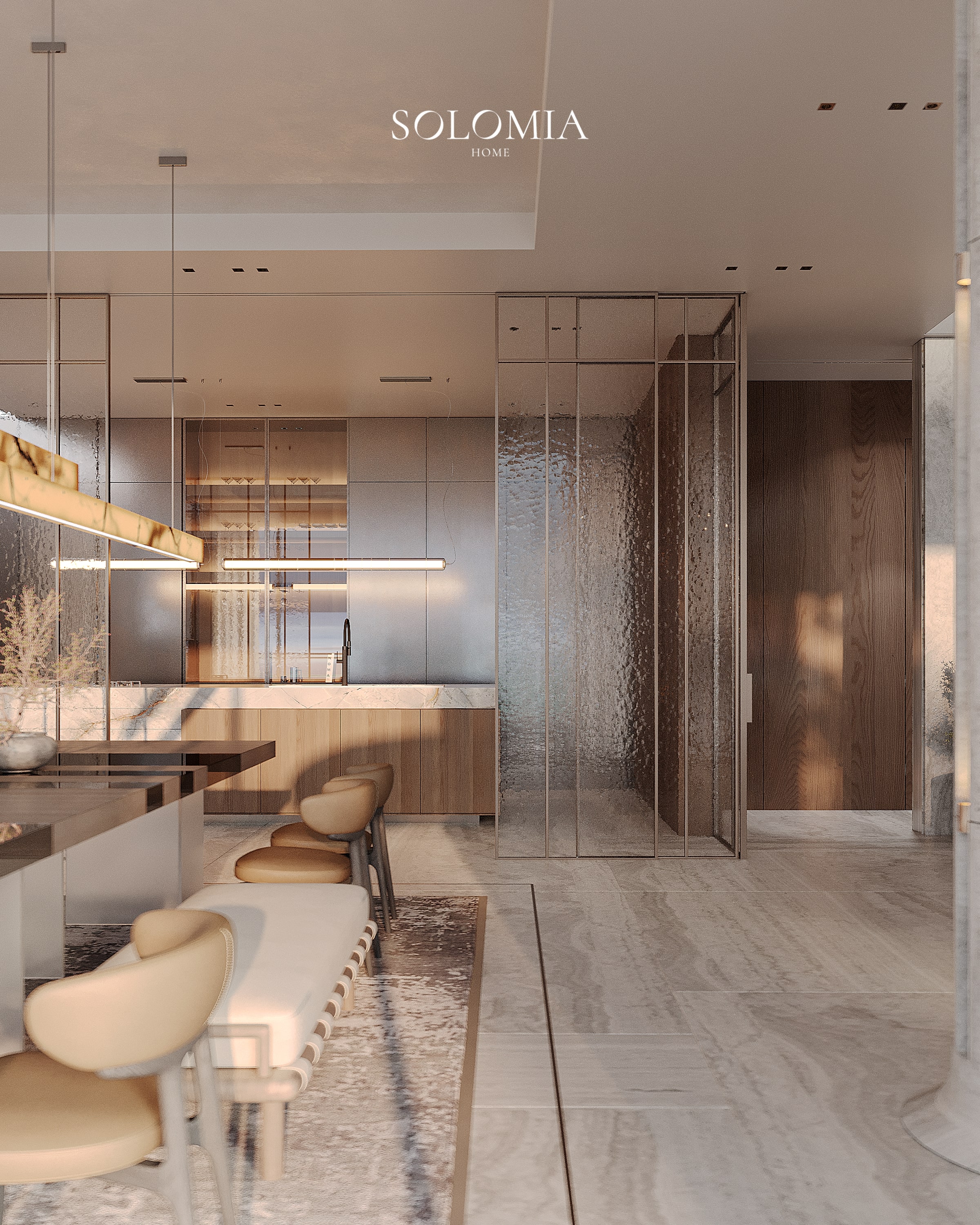 Kitchen with glass partition and stone island, Bvlgari Villa — luxury interior design Dubai
