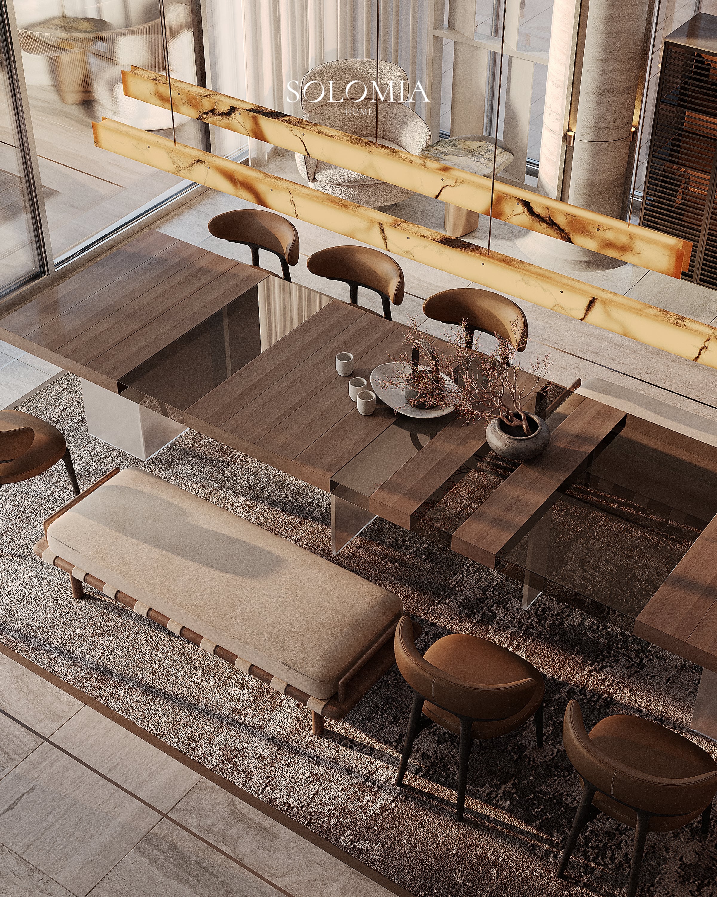 Dining table with onyx pendant light, Bvlgari Villa — luxury interior design Dubai