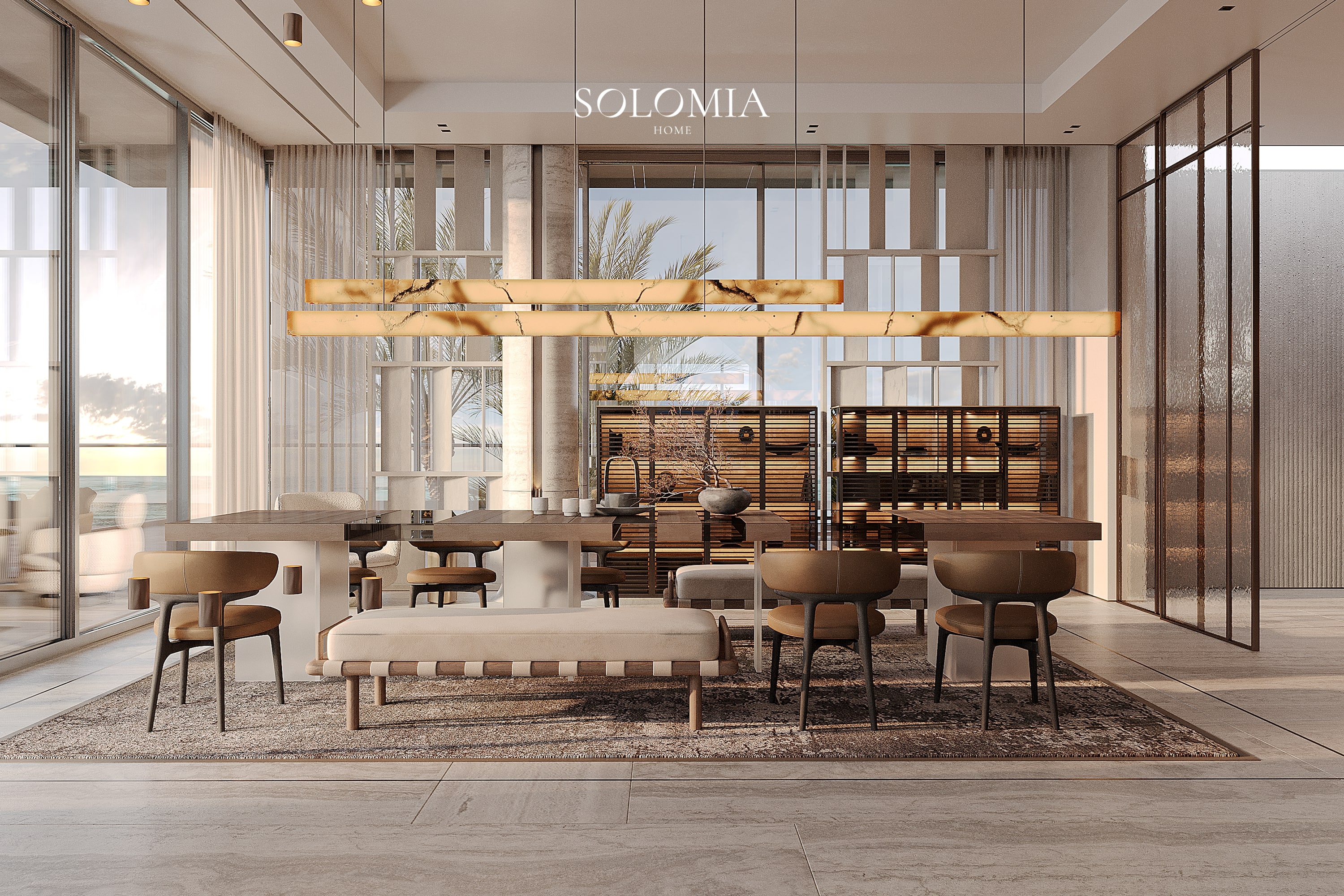 Dining area behind glass partitions, Bvlgari Villa — luxury interior design Dubai