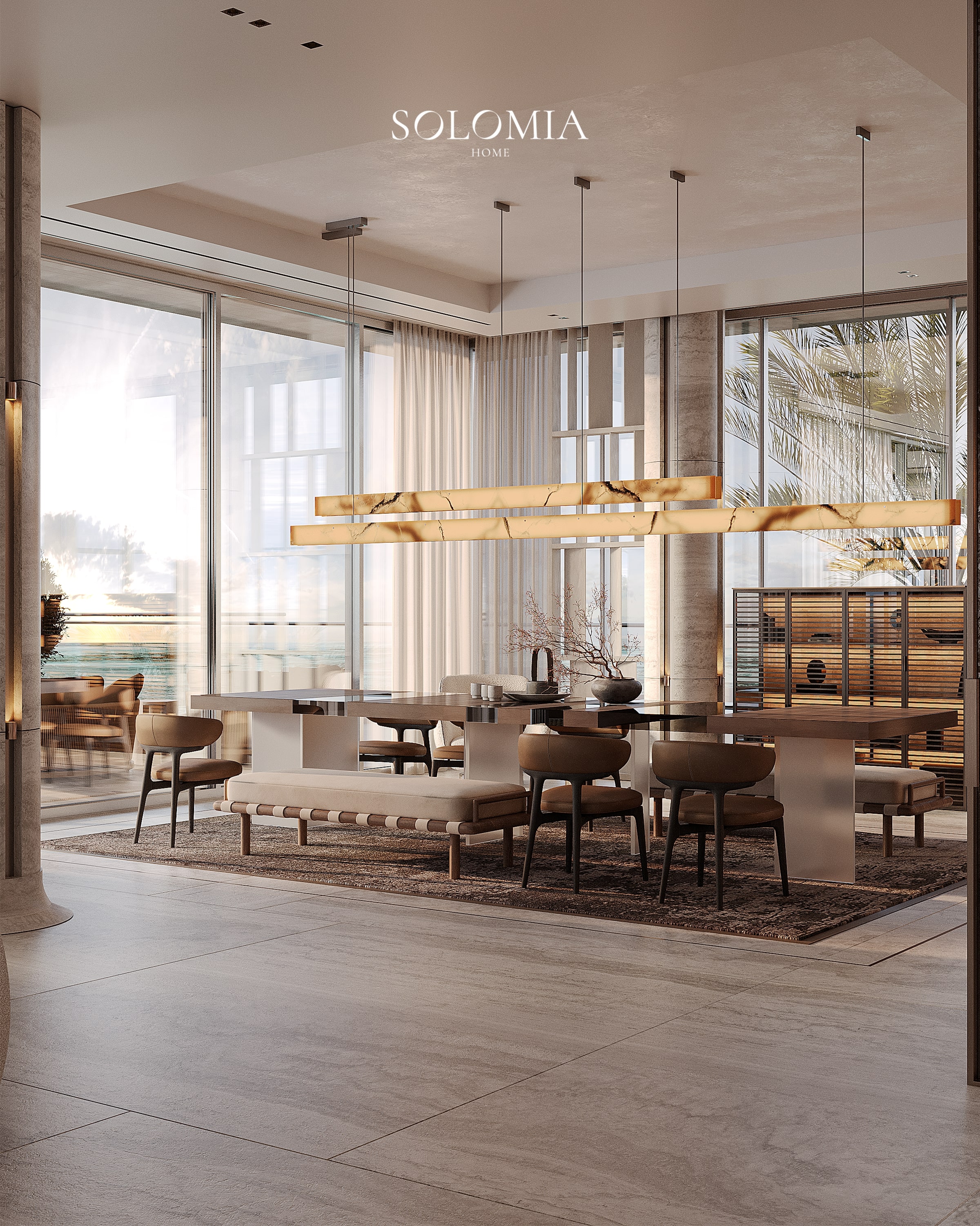 Dining table with onyx light and terrace view, Bvlgari Villa — luxury interior design Dubai