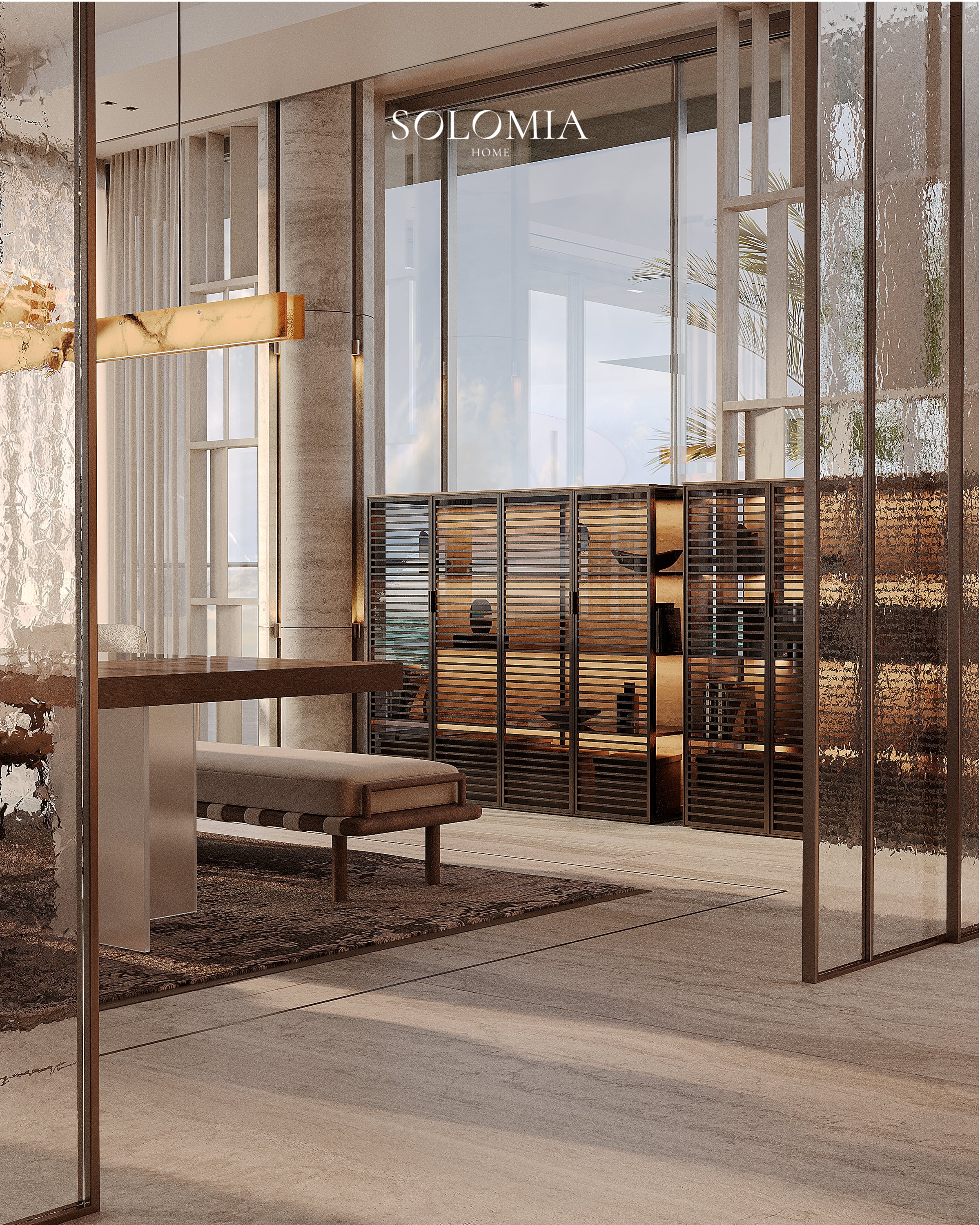 Dining area with shelving screen, Bvlgari Villa — luxury interior design Dubai
