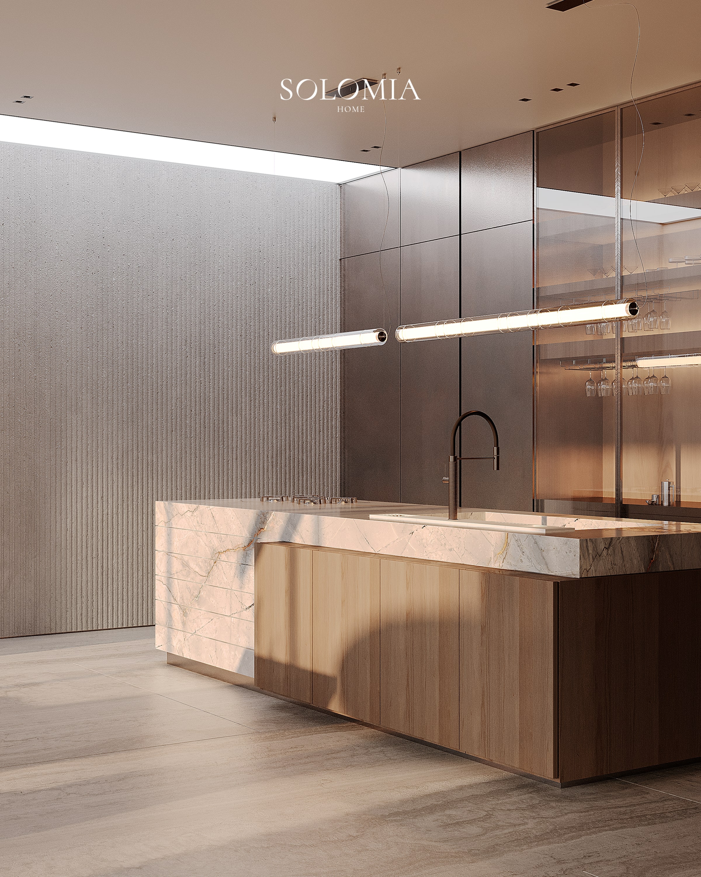 Stone kitchen island with linear light, Bvlgari Villa — luxury interior design Dubai
