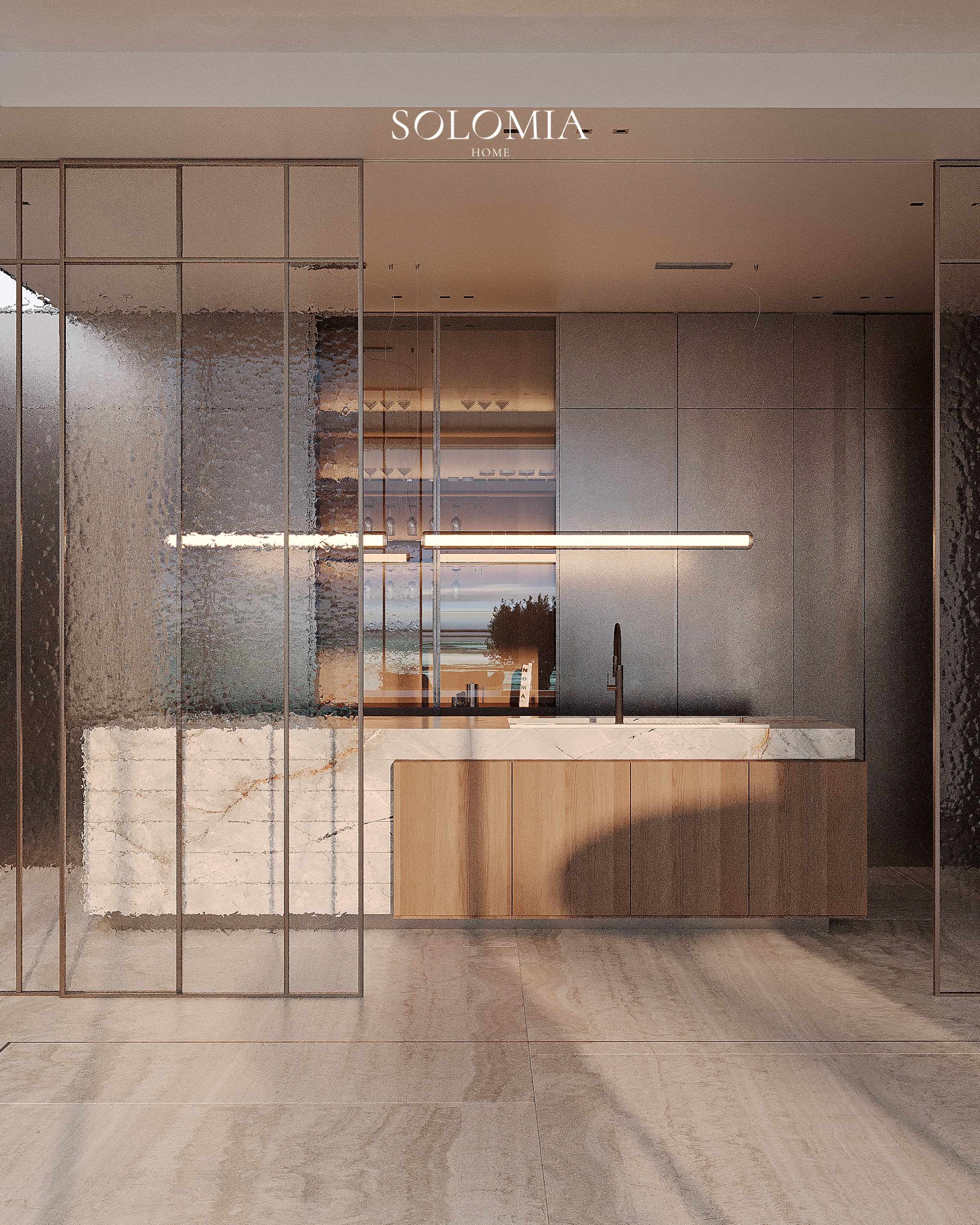 Kitchen behind fluted glass partition, Bvlgari Villa — luxury interior design Dubai