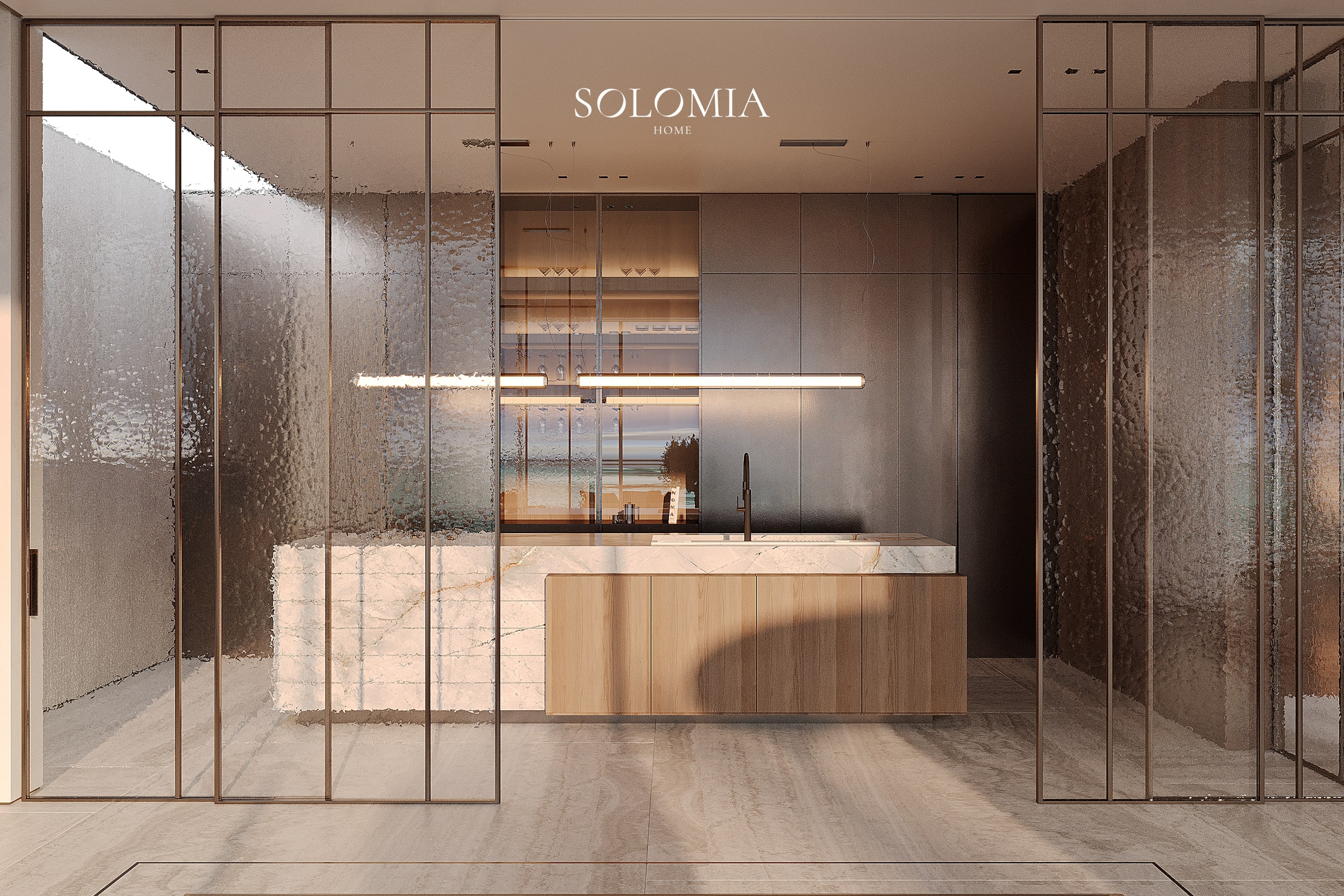 Kitchen with fluted glass doors, Bvlgari Villa — luxury interior design Dubai