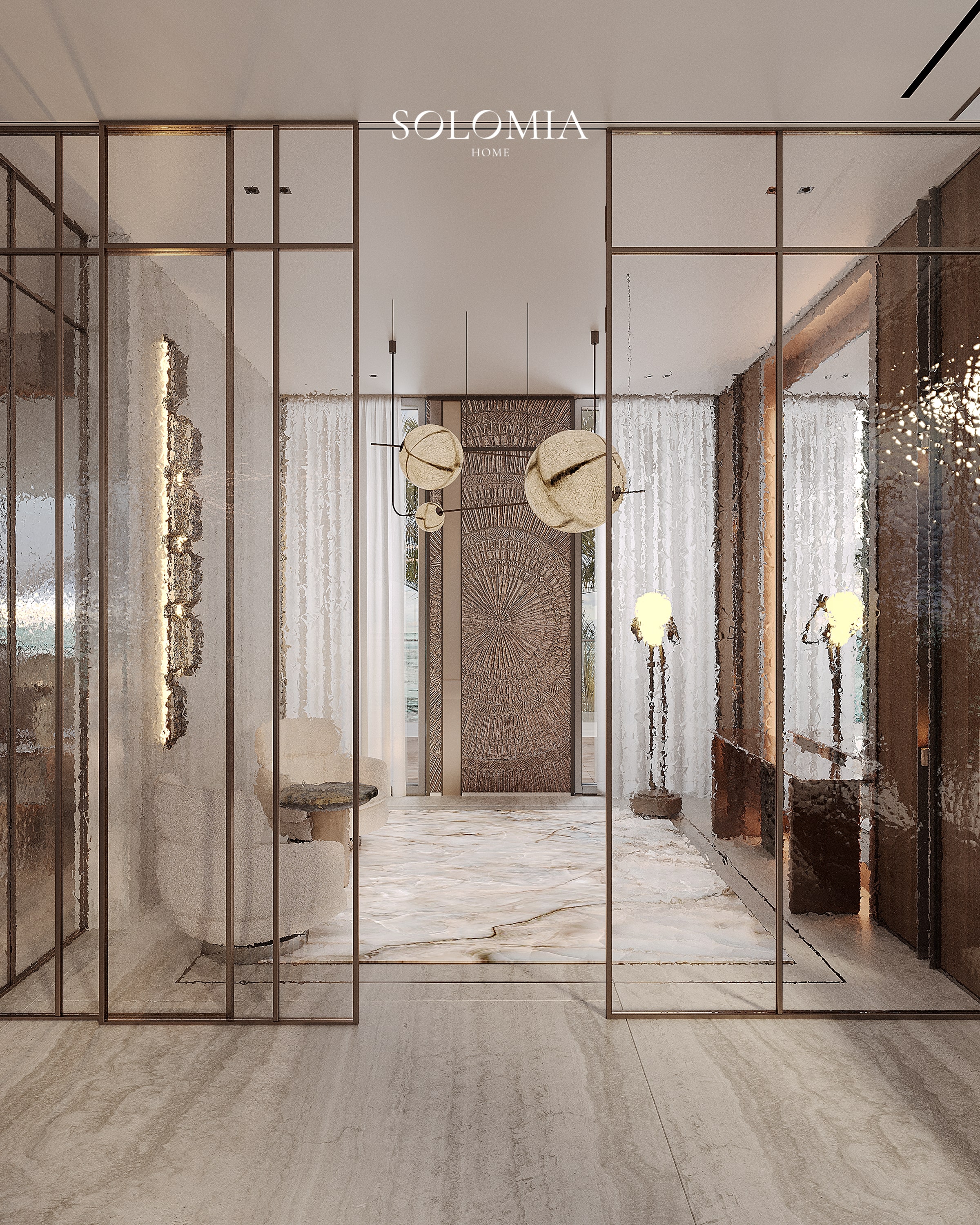 Entrance hall with glass partitions and pendant lights, Bvlgari Villa — luxury interior design Dubai