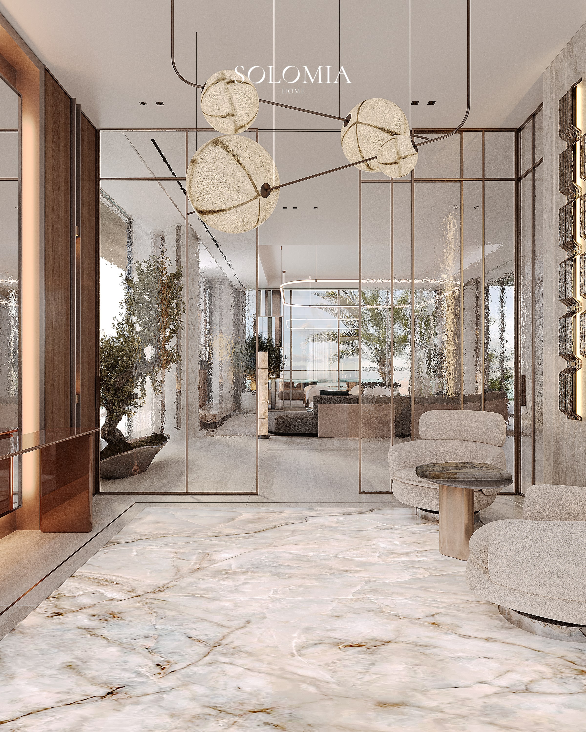 Lounge with marble floor and pendant lights, Bvlgari Villa — luxury interior design Dubai