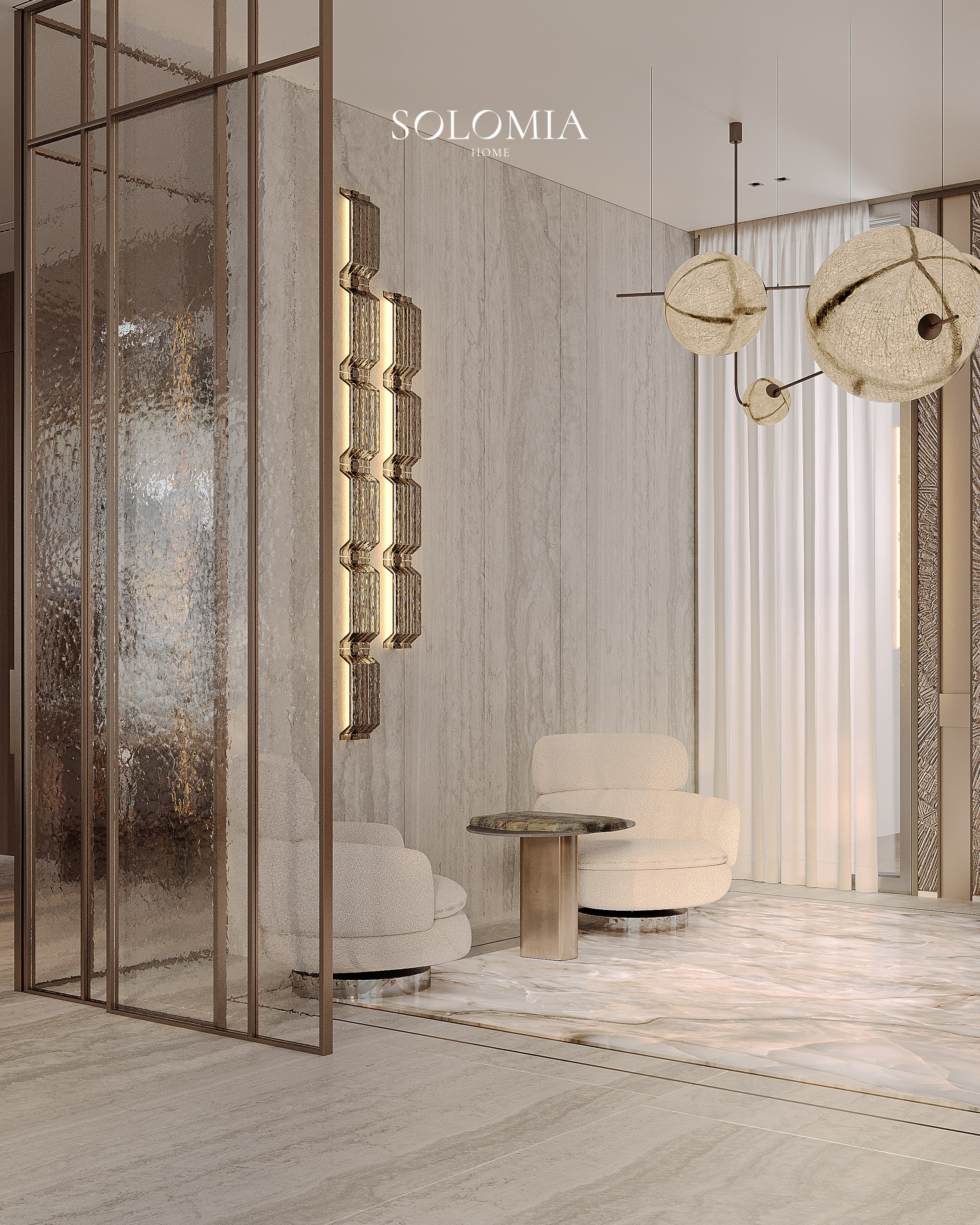 Hallway with brass wall lights, Bvlgari Villa — luxury interior design Dubai