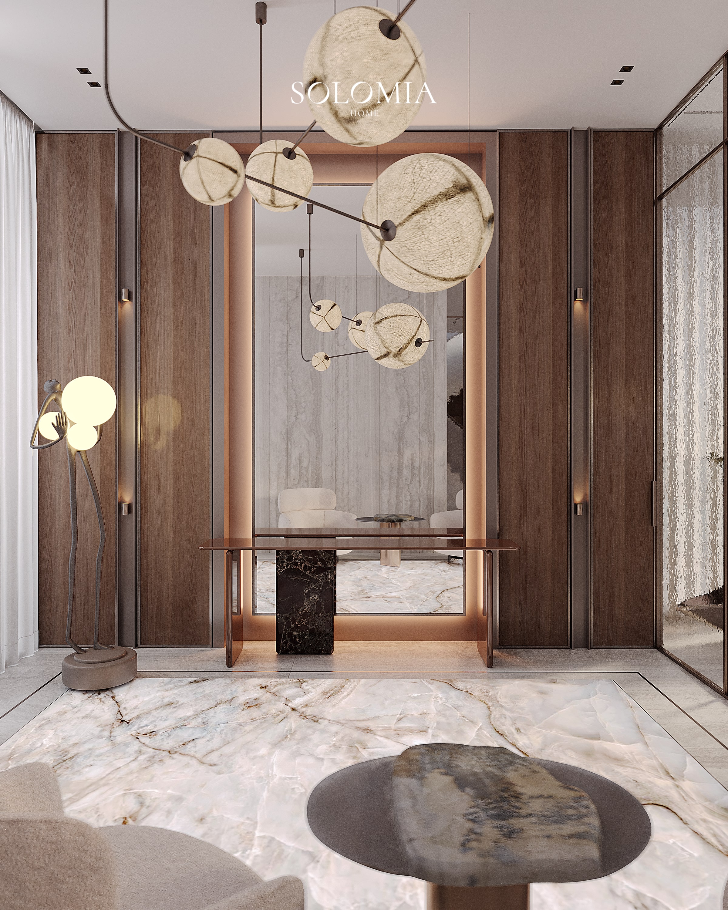 Entrance with console and pendant lights, Bvlgari Villa — luxury interior design Dubai