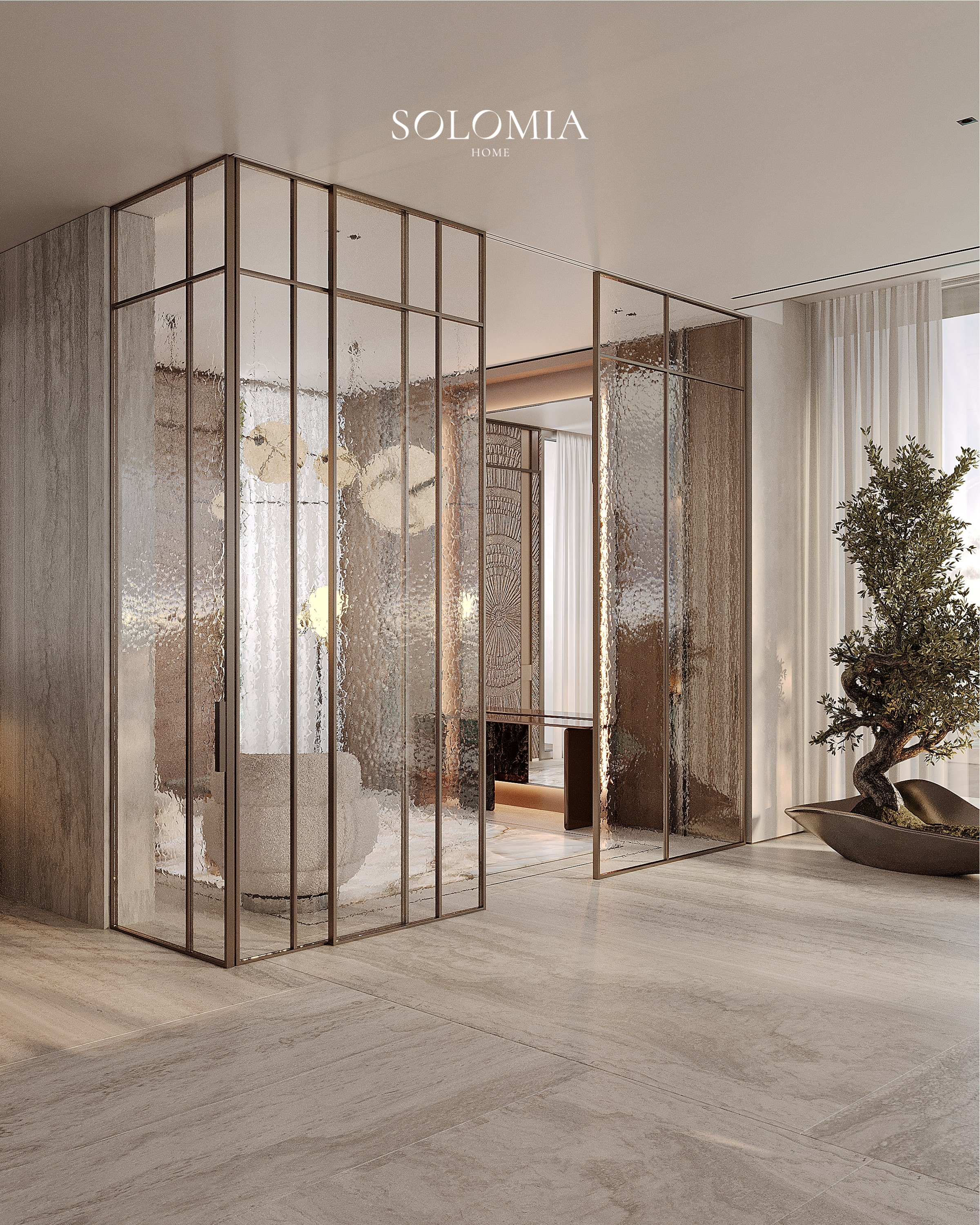 Hall with fluted glass partitions and olive tree, Bvlgari Villa — luxury interior design Dubai