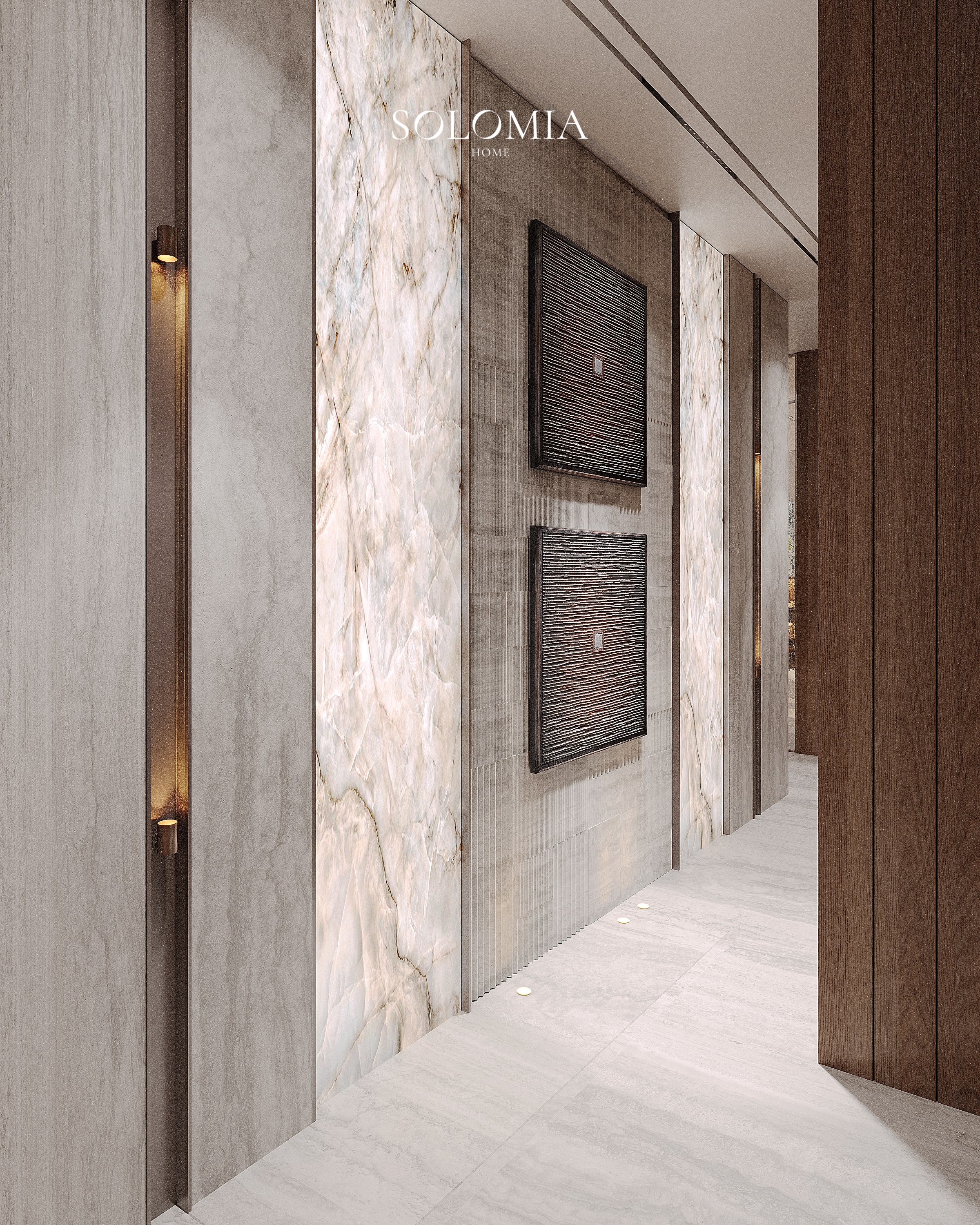 Marble corridor with artwork, Bvlgari Villa — luxury interior design Dubai