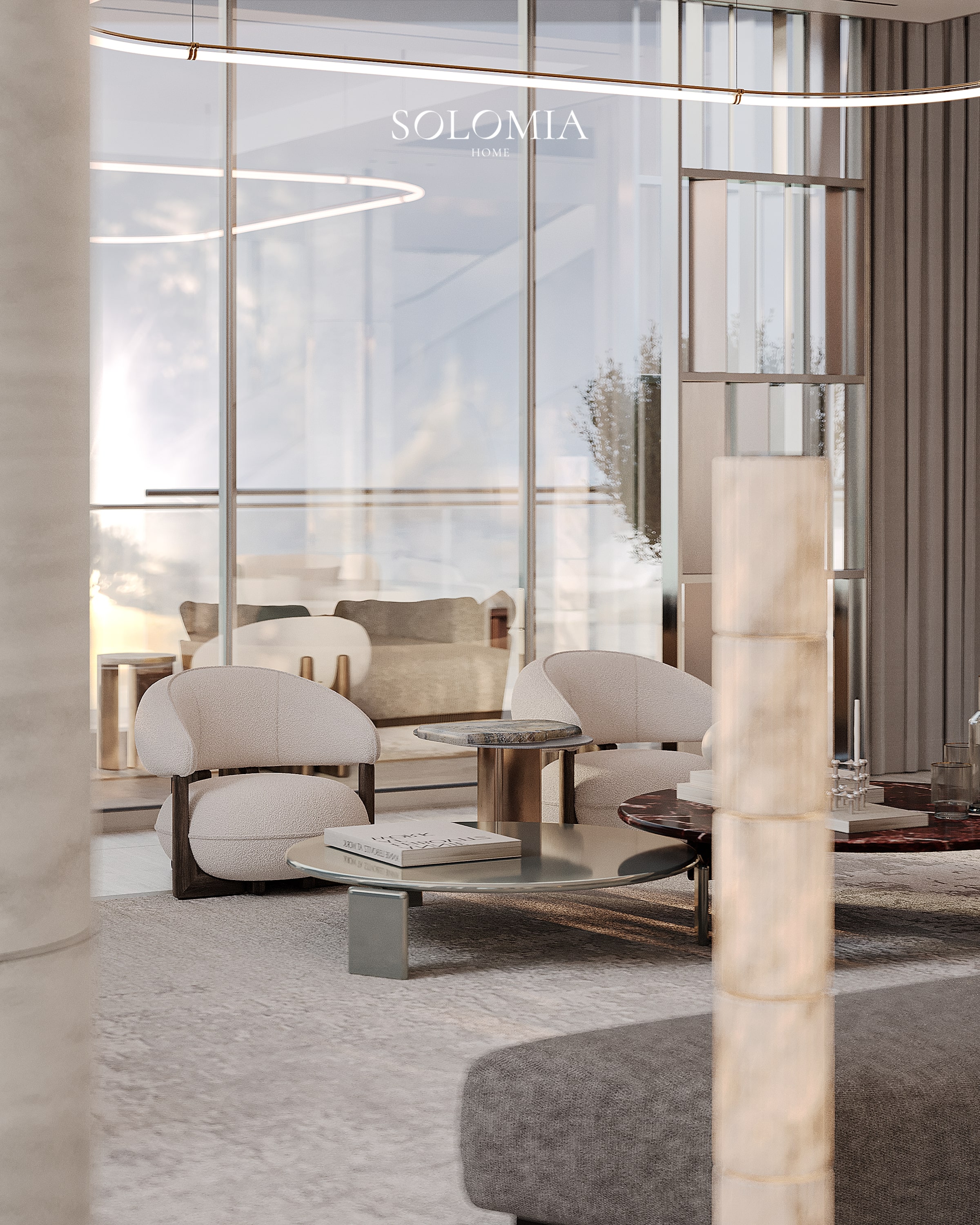 Lounge with white armchairs and onyx column, Bvlgari Villa — luxury interior design Dubai