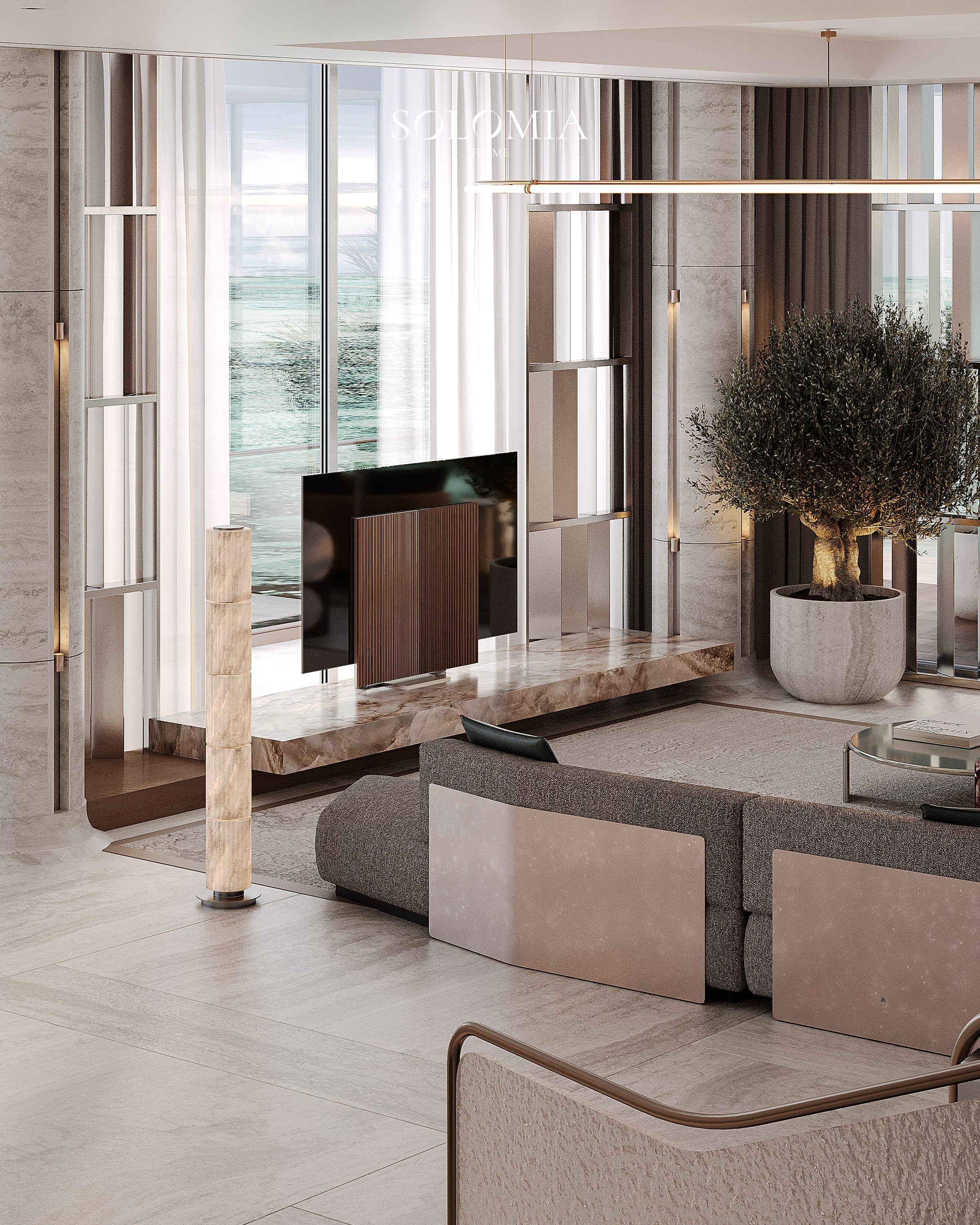 TV lounge with olive tree, Bvlgari Villa — luxury interior design Dubai