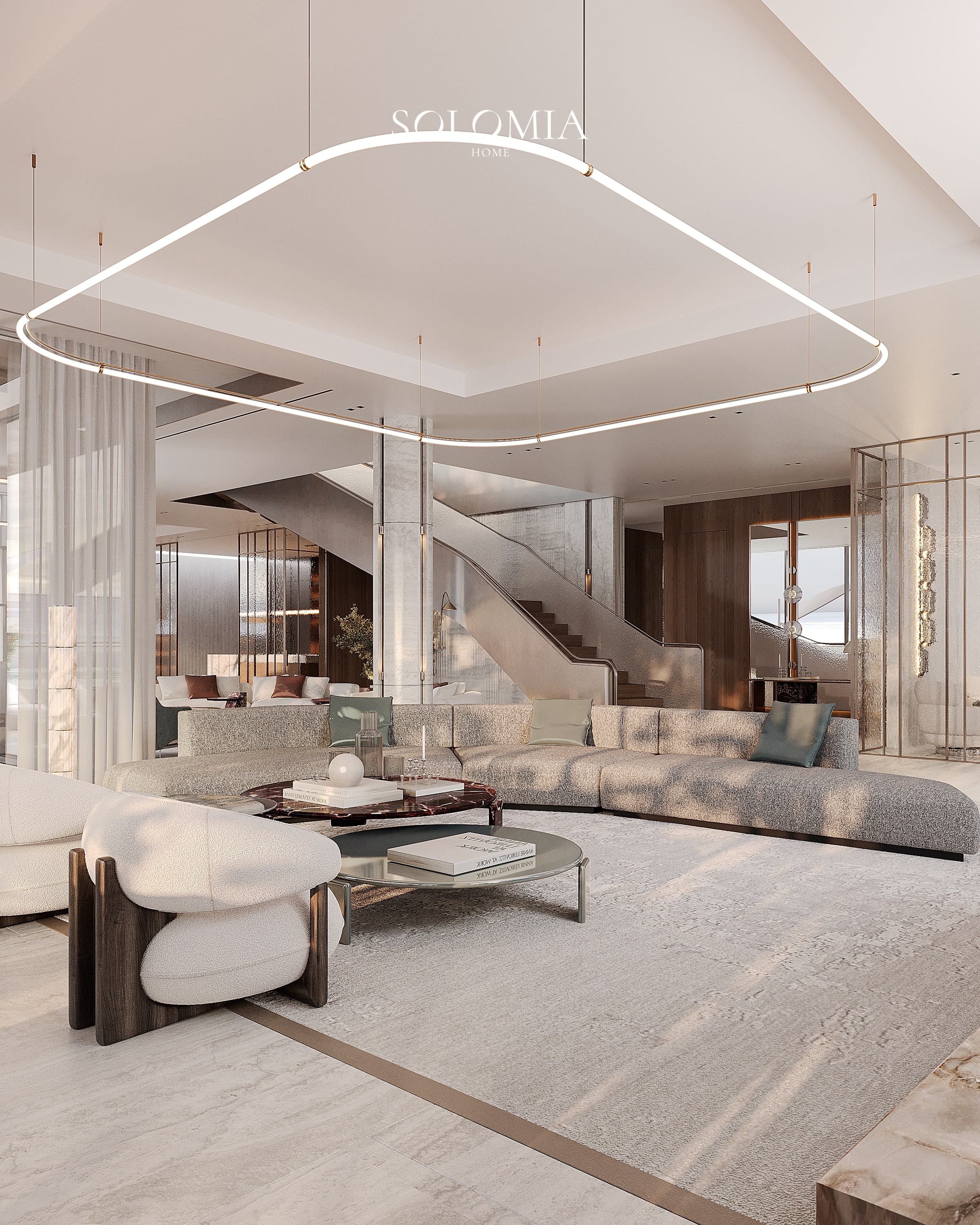 Living room with ring light and staircase, Bvlgari Villa — luxury interior design Dubai