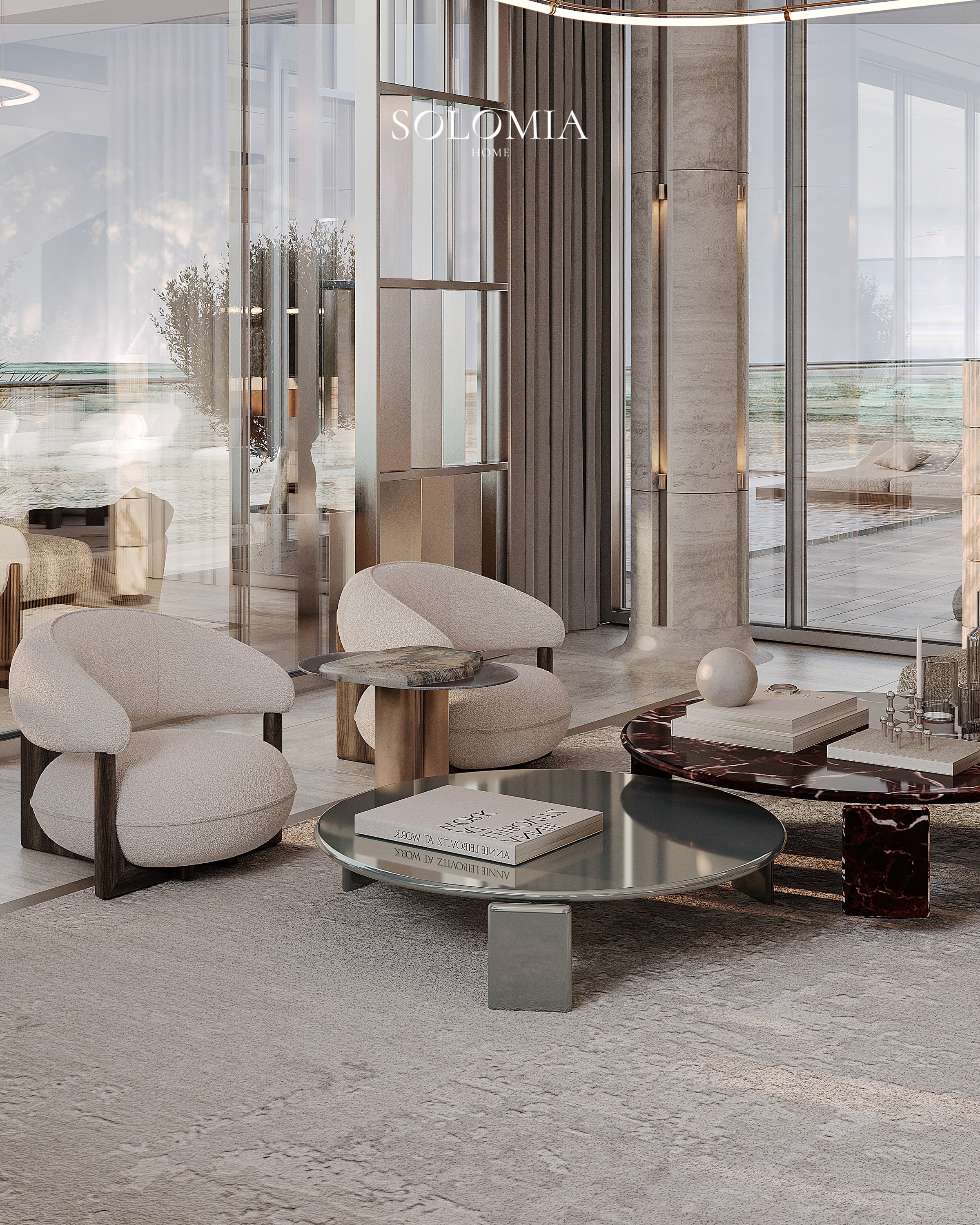 Lounge with white armchairs and marble tables, Bvlgari Villa — luxury interior design Dubai